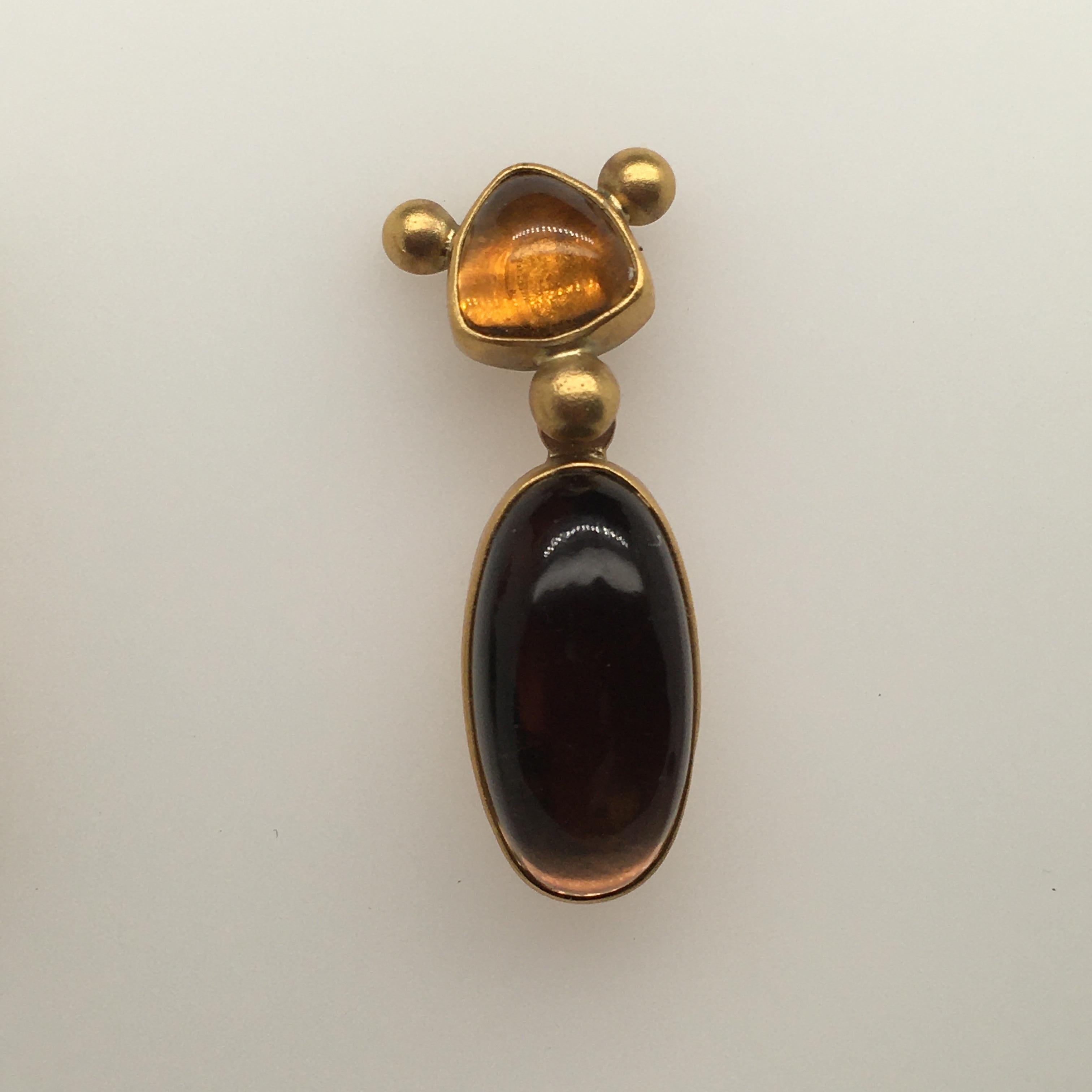 Modern Ann Krupp Citrine Earrings w/ Smoky Quartz Drops on Bezel; 14, 18k & 22k Gold For Sale