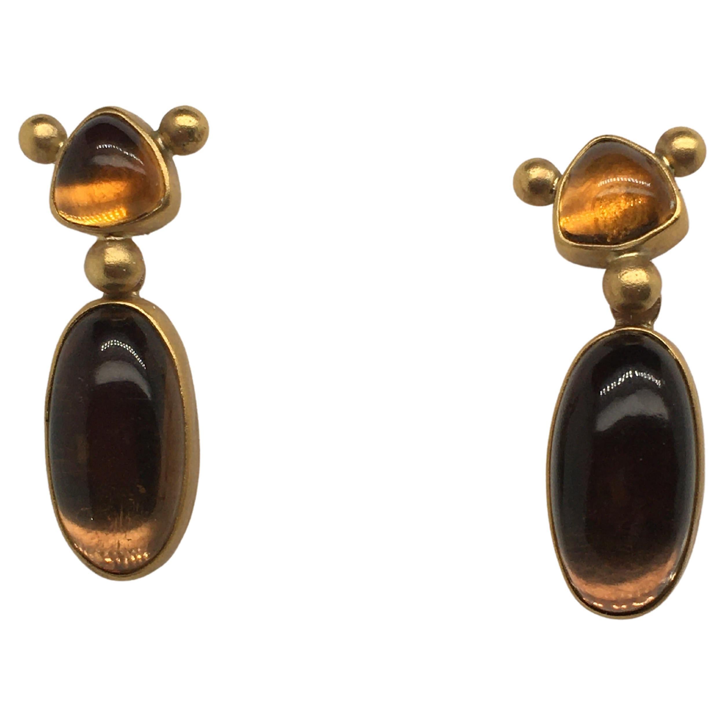 Ann Krupp Citrine Earrings w/ Smoky Quartz Drops on Bezel; 14, 18k & 22k Gold For Sale