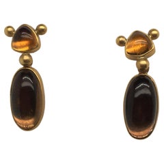 Ann Krupp Citrine Post Earrings w/ Smoky Quartz Drops on Bezel; 14, 18 & 22KYG