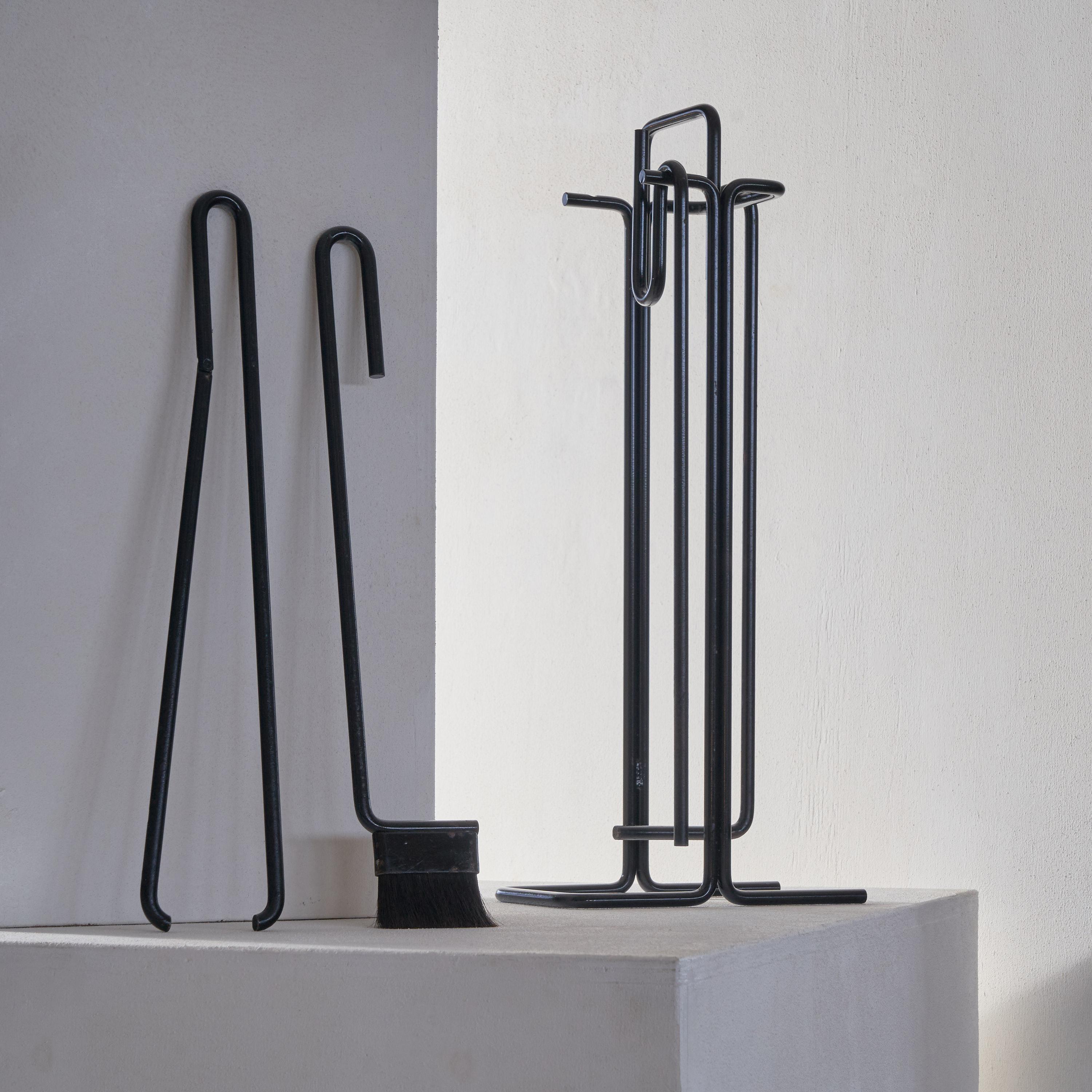 Belgian Ann Maes Set of Modernist Fireplace Tools & Literature Holder For Sale