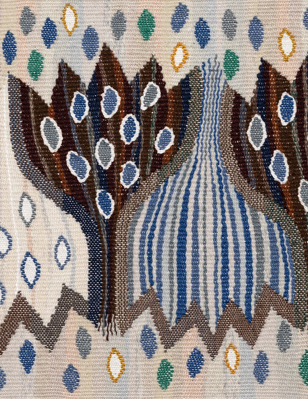 Handwoven tapestry depicting abstract crocus flowers, designed by Ann Mari Forsberg in 1945. 

Woven in wool and linen on a linen warp by artisan weaver Helen Carlsson in 2011 at the Märta Måås-Fjetterström studio in Båstad, Sweden. 
