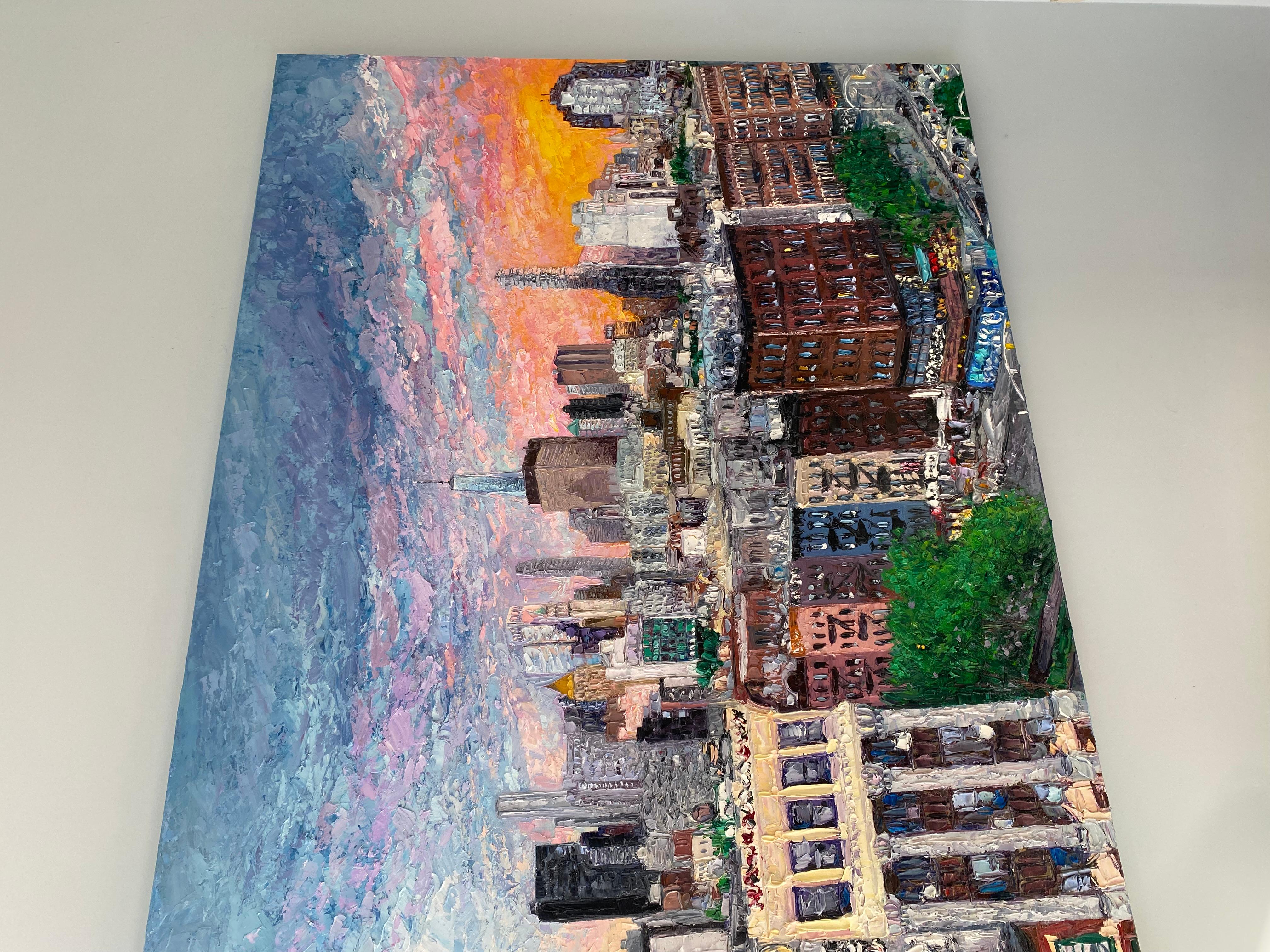Sunset on Empire City, Original Impressionist Painting - Gray Landscape Painting by Ann Marie Coolick