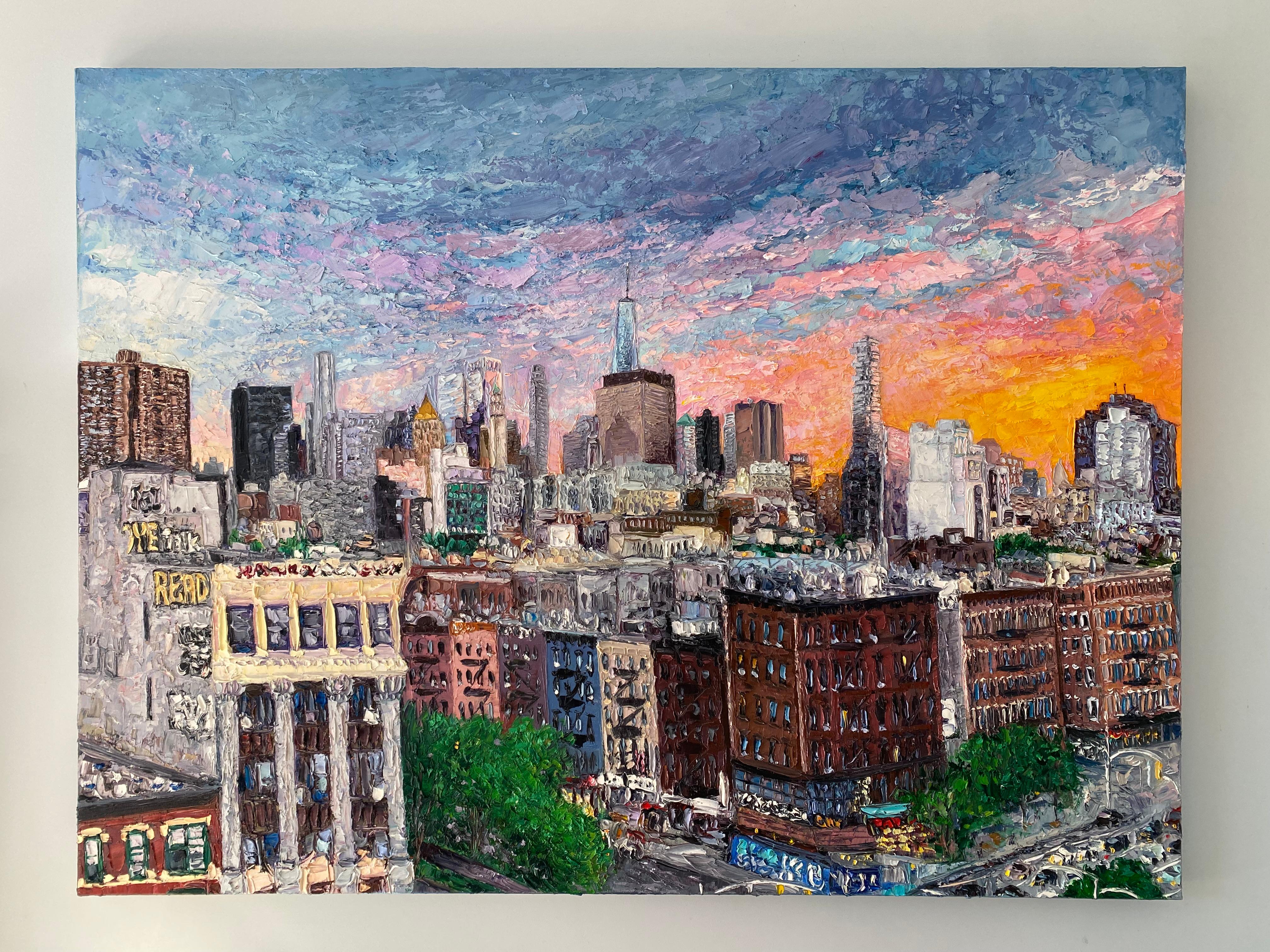 Sunset on Empire City, Original Impressionist Painting
Original urban landscape painting​
48 x 36 x 1.5 inches 
Oil on canvas 
Original artwork signed by the artist
Artwork is unframed 

Sunset view of the Manhattan Skyline including One World and