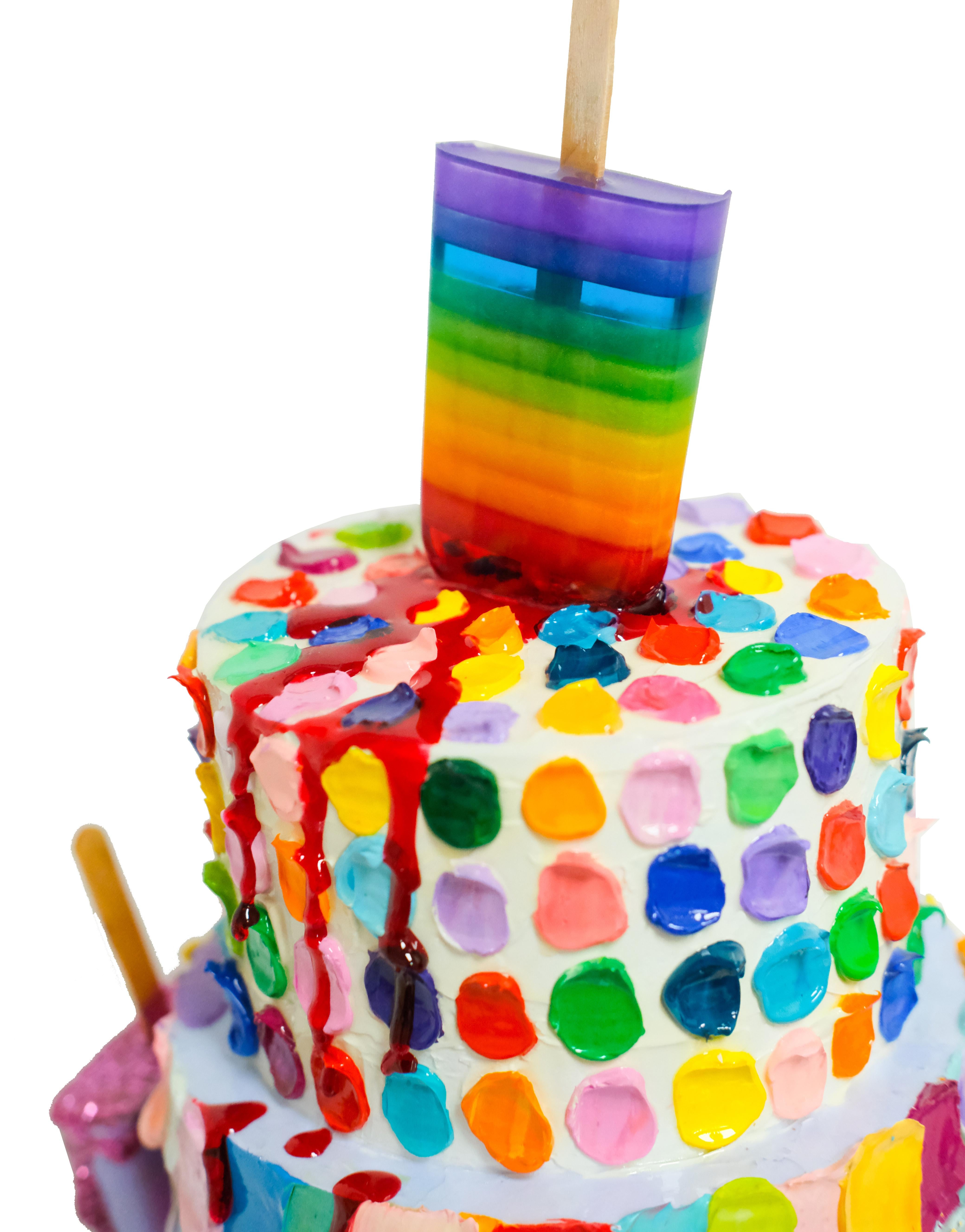Over the Rainbow, Pop Art Sculpture
Original pop art style cake sculpture
17 x 88 x 11 x 15 inches
Oil Paint, Resin, Wood 
Original artwork signed by the artist

This collaborative cake sculpture was created by Betsy Enzensberger and Ann Marie