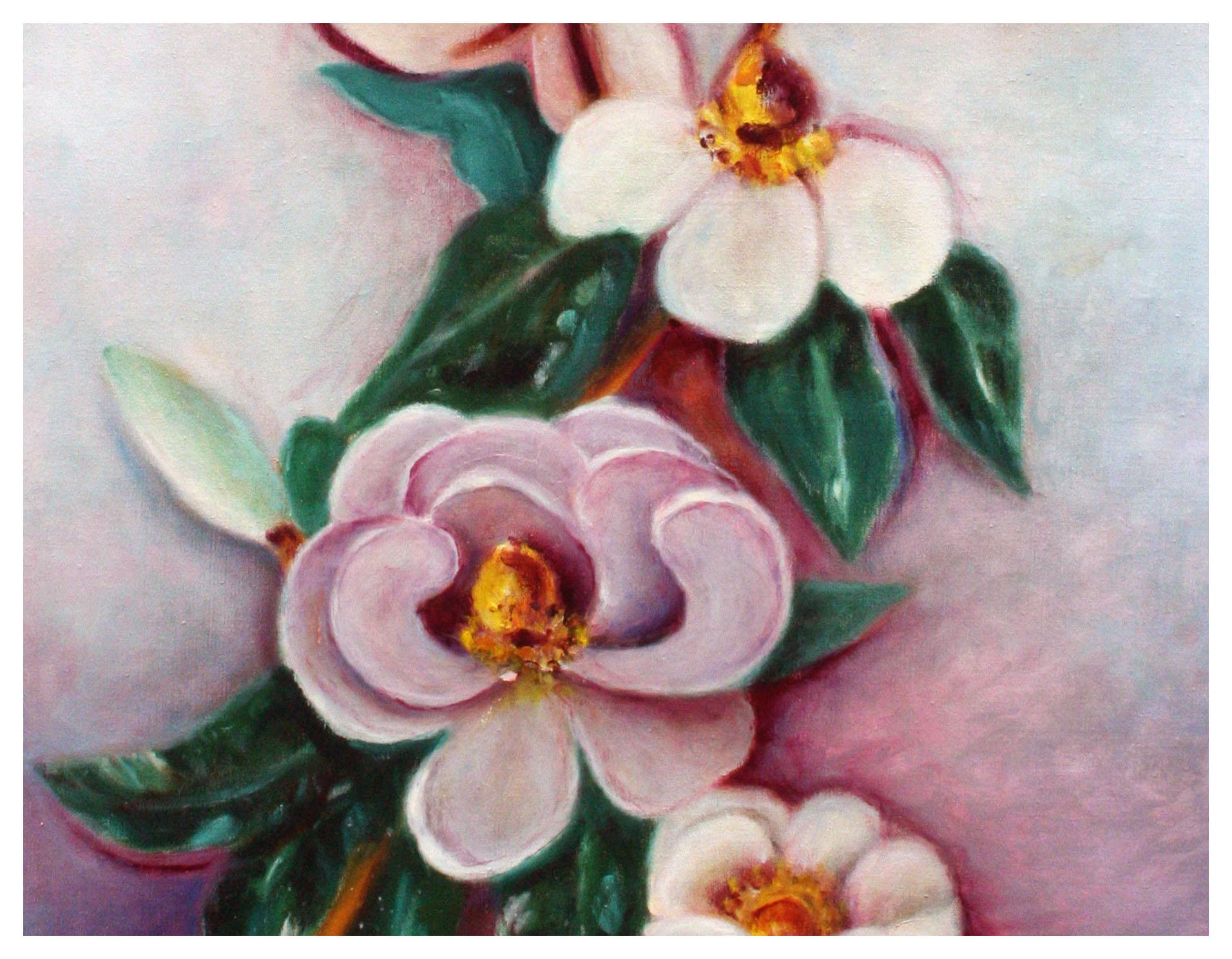Mid Century Saucer Magnolias Floral Still Life  - Painting by Ann McKee