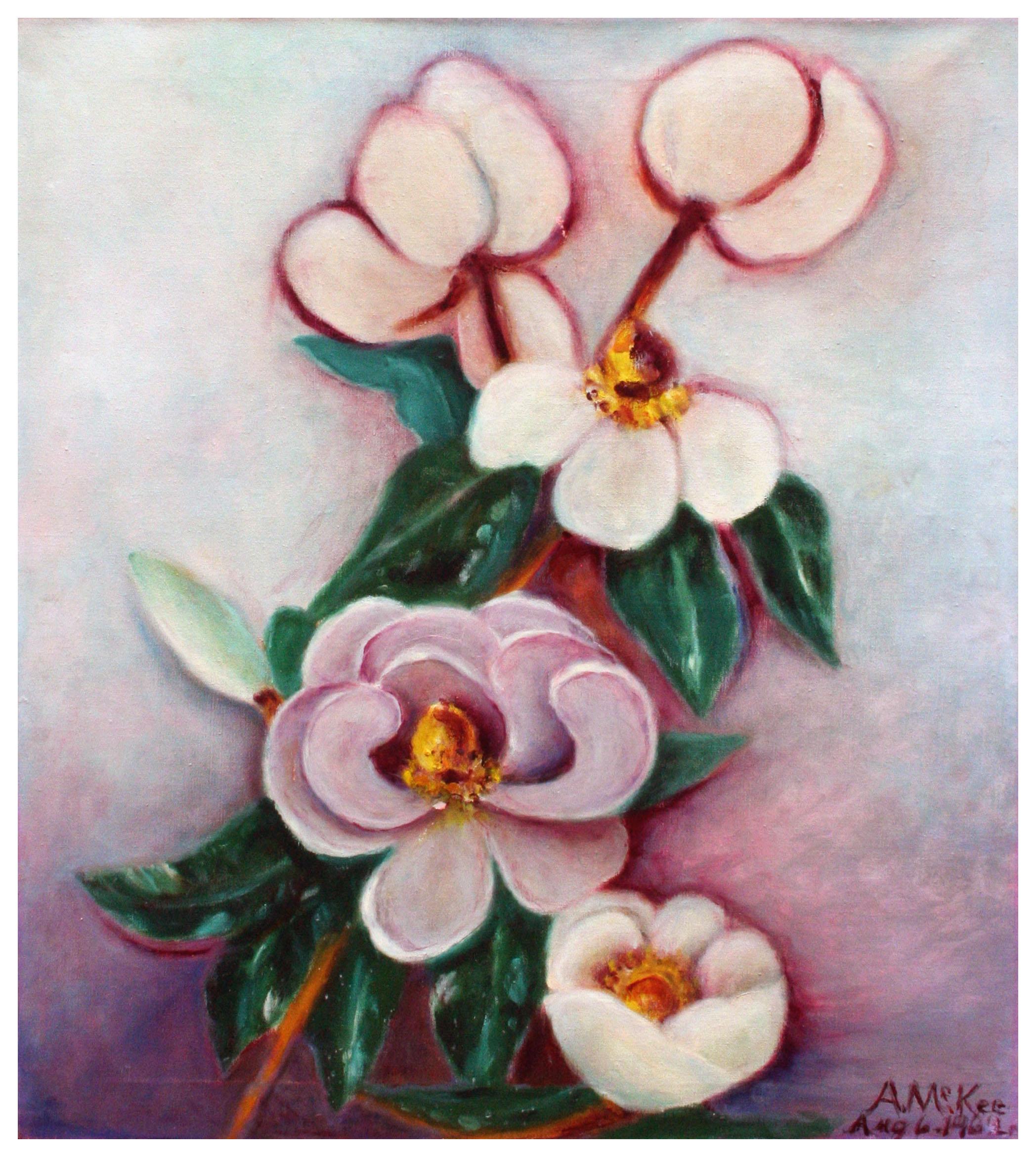 Ann McKee Still-Life Painting - Mid Century Saucer Magnolias Floral Still Life 