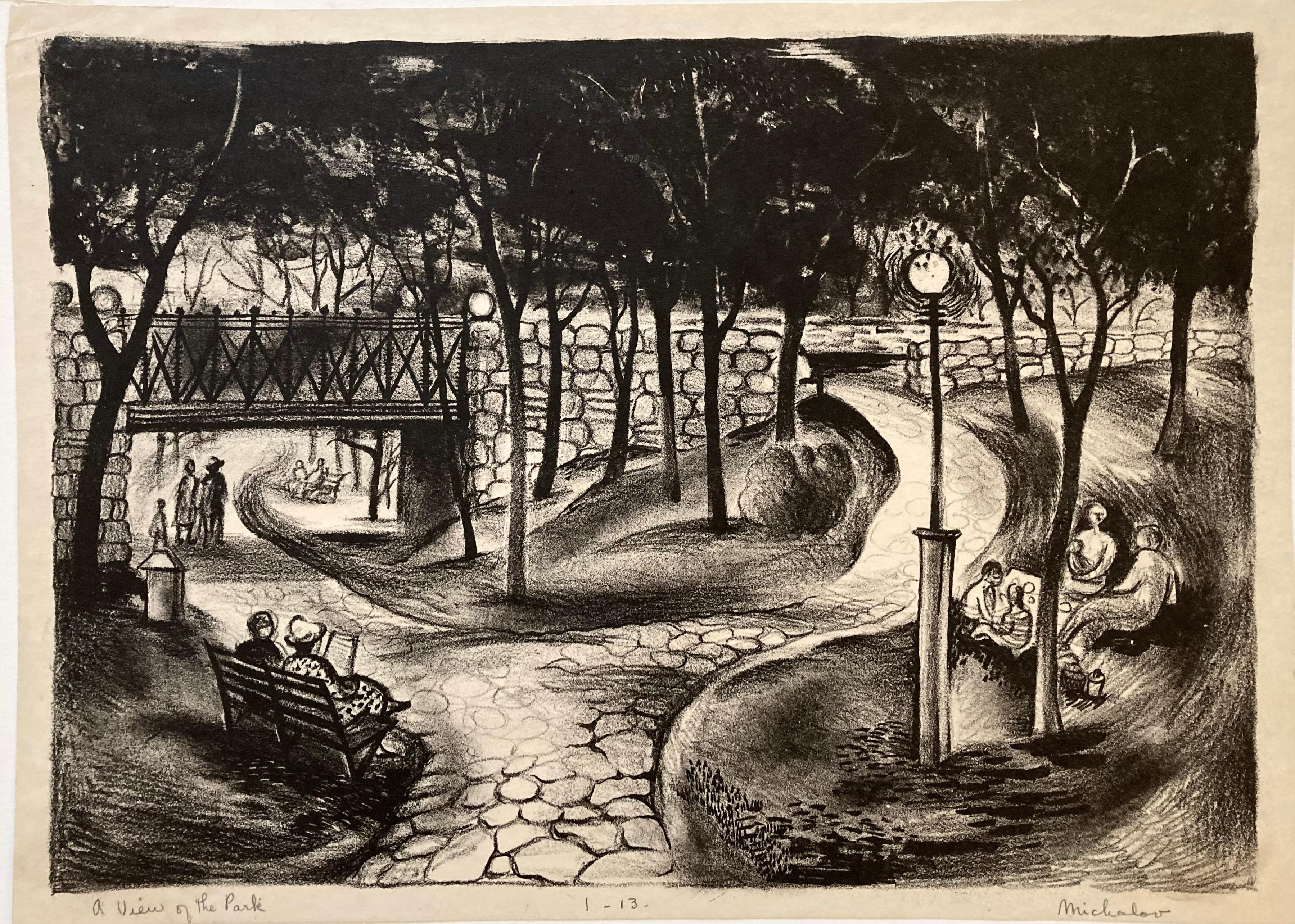 Originally from Illinois, Ann Michalov worked in Spokane, Seattle and Portland, where she finally settled. This lithograph however really looks very like New York City's Central Park, and very well might be.

It is signed and titled in pencil and