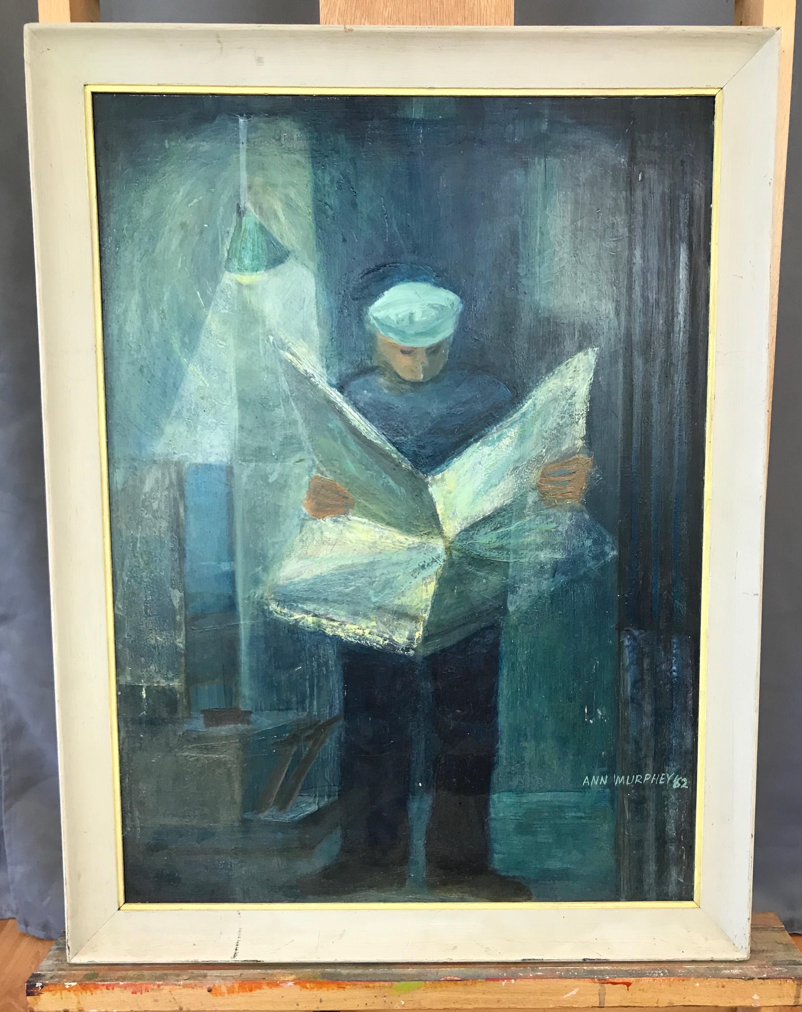 A very well executed and atmospheric midcentury framed Impressionist oil painting on beaverboard titled “The Shoe Shine Man”, by California artist and UC-Berkeley educator Ann Murphey.

Moody blue portrait of a sidewalk shoe shine guy perusing a
