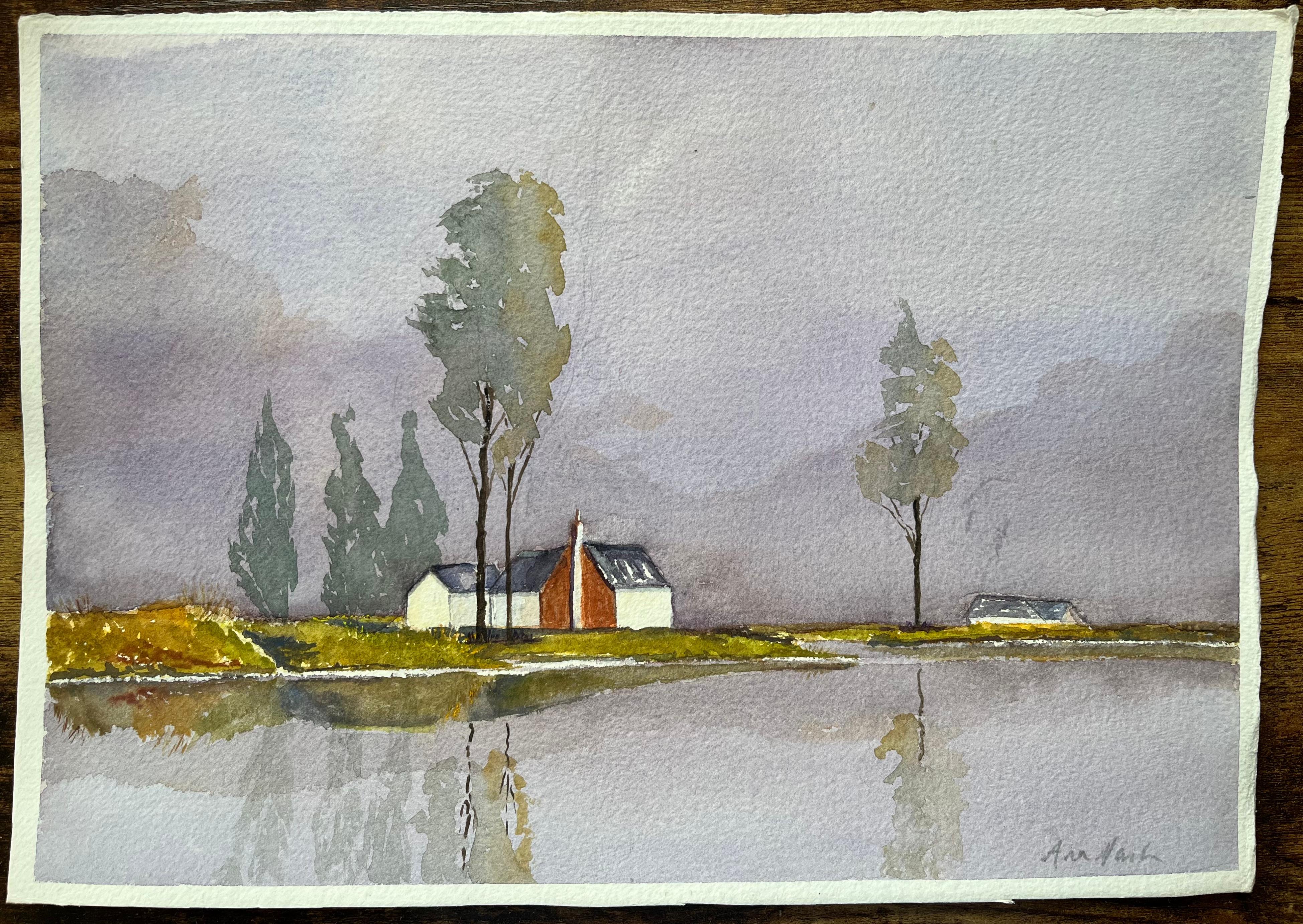 Atmospheric Watercolor Landscape with House and Trees Reflected in Water - Painting by Ann Nash