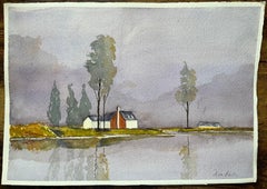 Atmospheric Watercolor Landscape with House and Trees Reflected in Water