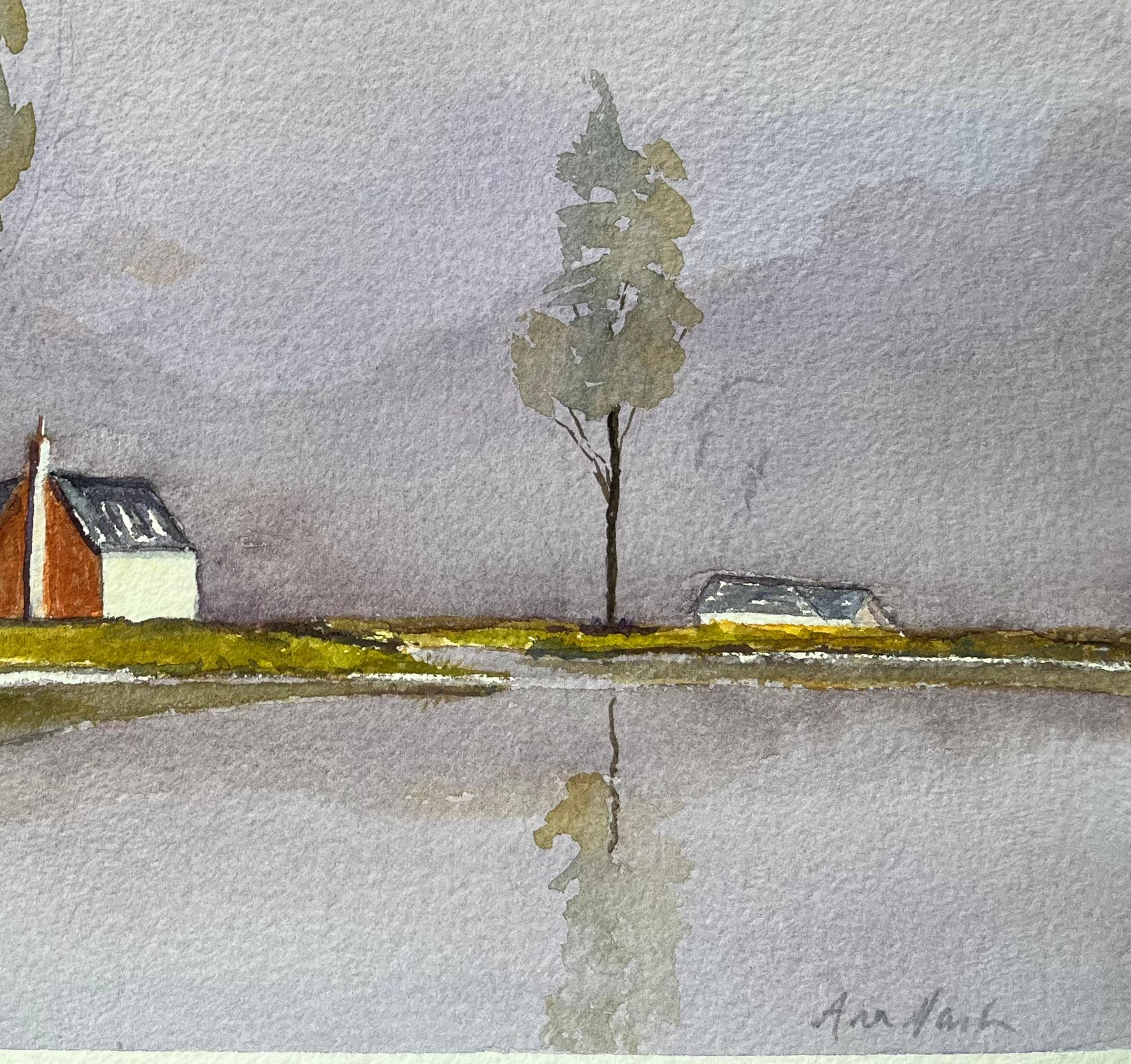 Atmospheric Watercolor Landscape with House and Trees Reflected in Water - Impressionist Painting by Ann Nash