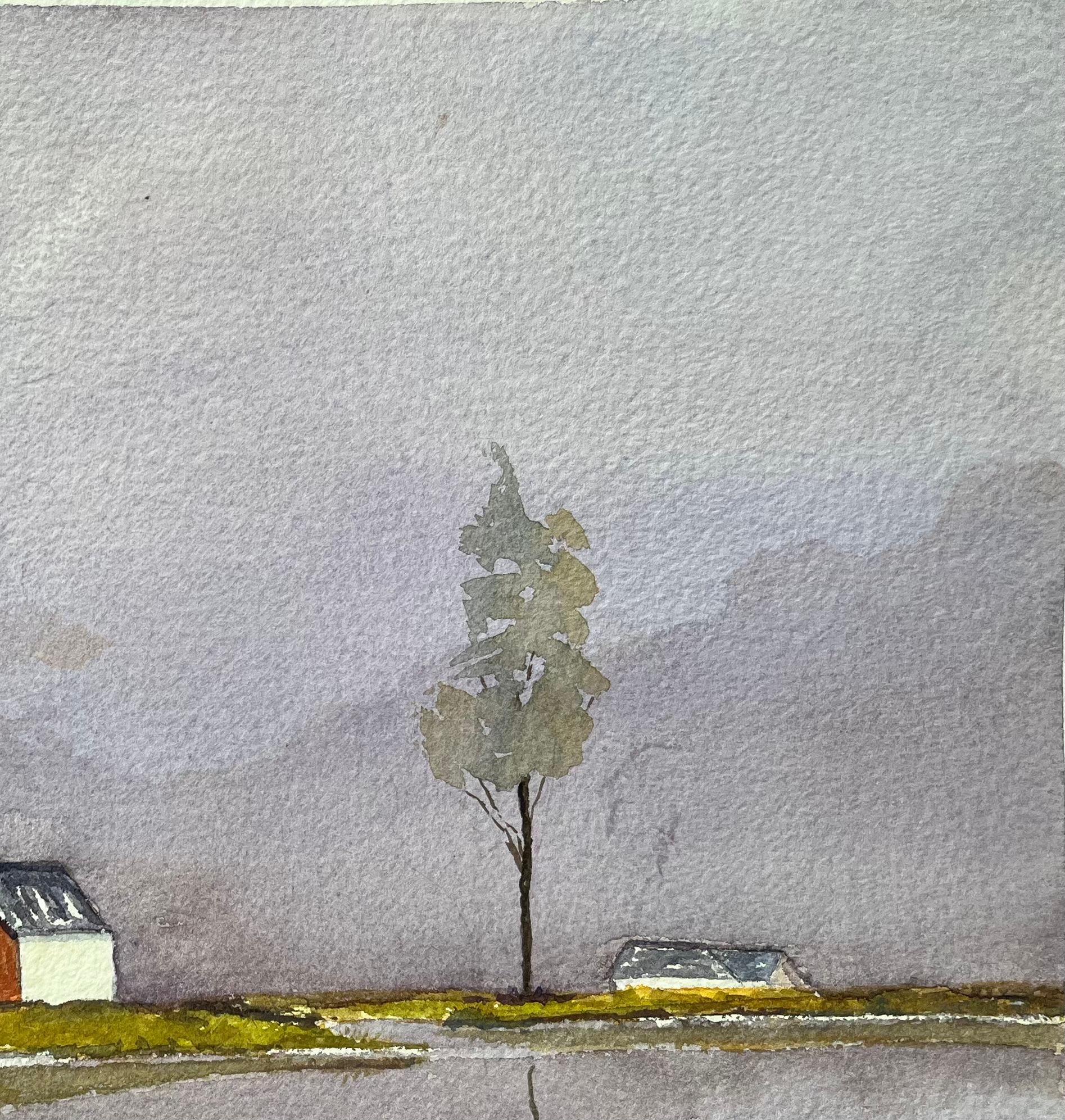 Atmospheric Watercolor Landscape with House and Trees Reflected in Water - Gray Landscape Painting by Ann Nash