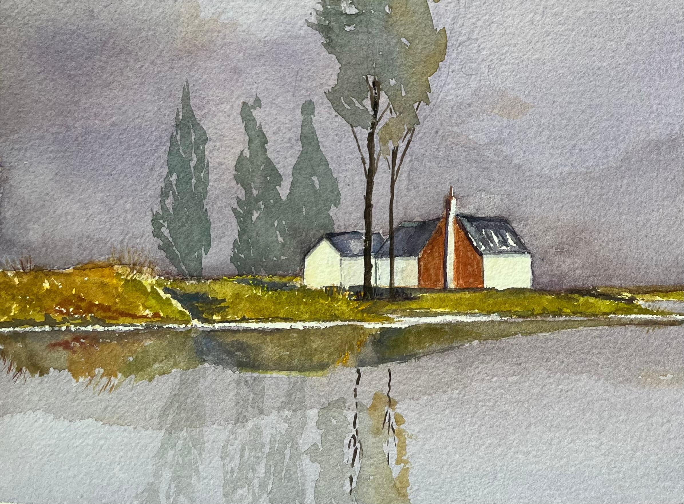 Title: Atmospheric Watercolor Landscape with House and Trees Reflected in Water
By Ann Nash
Original watercolor on artists paper, unframed
Signed: Yes
Dimensions: 11 x 15.5 inches (Height x Width)
Condition: Good, with some minor signs of