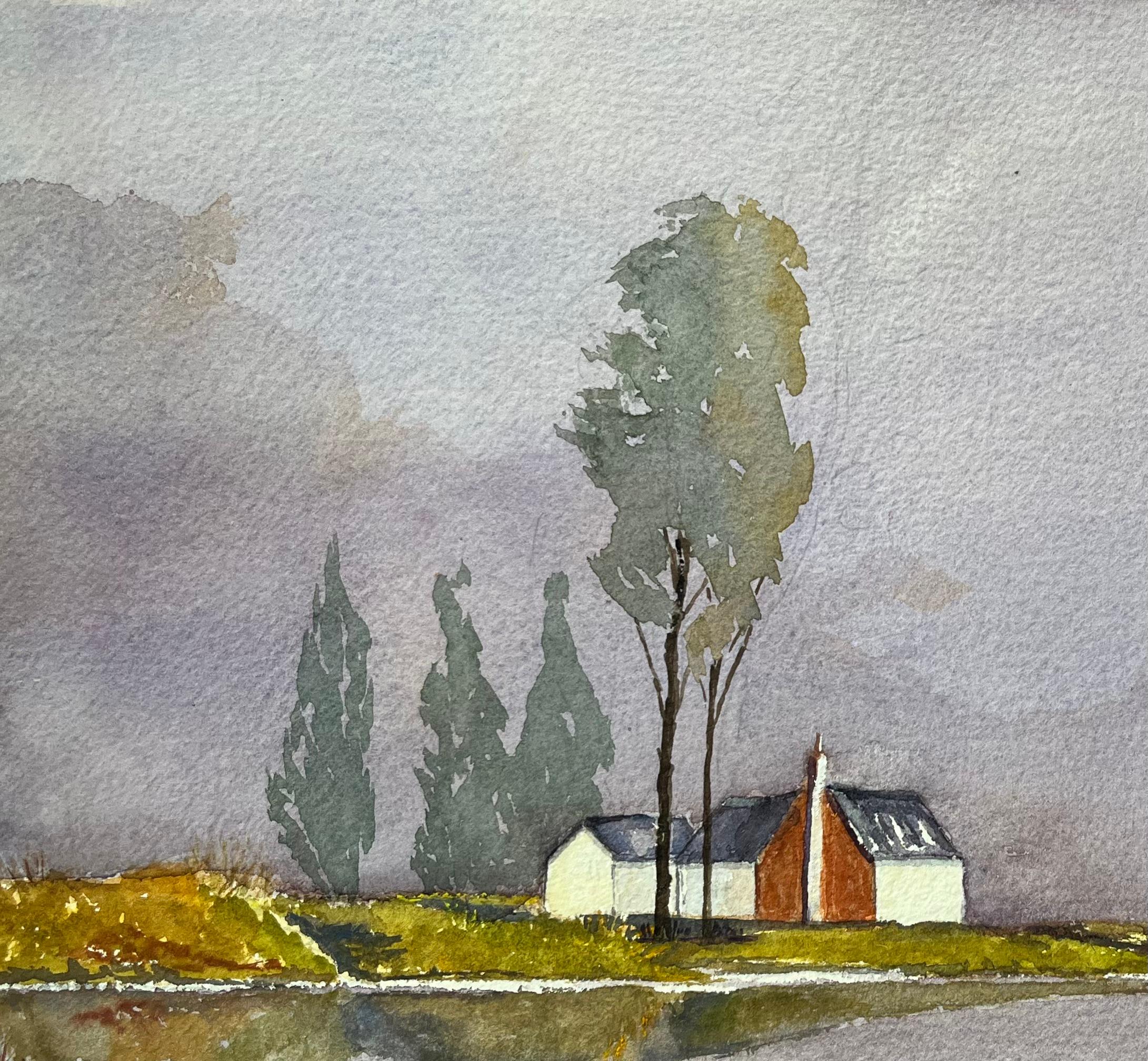 Atmospheric Watercolor Landscape with House and Trees Reflected in Water For Sale 1