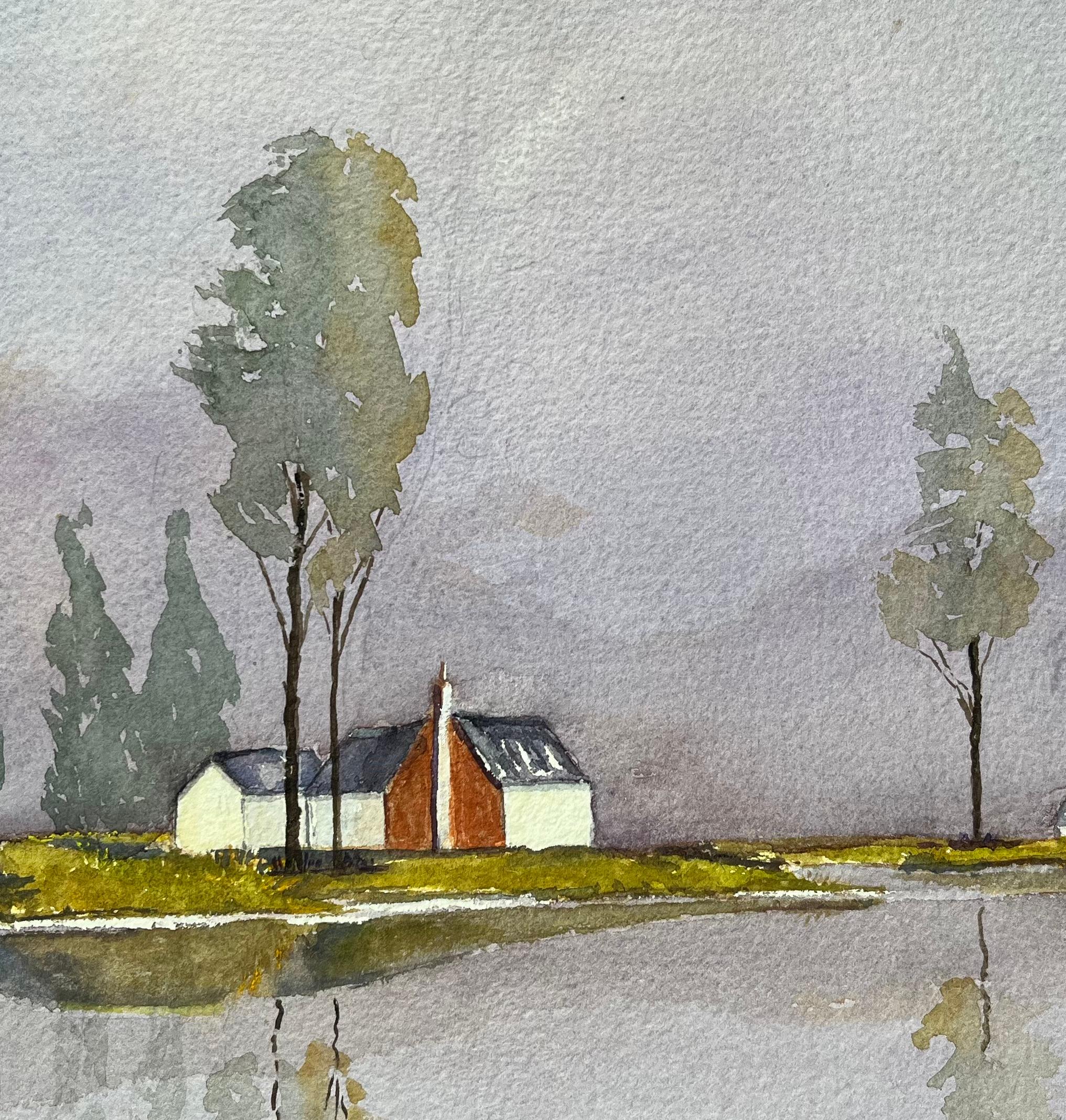 Atmospheric Watercolor Landscape with House and Trees Reflected in Water For Sale 2