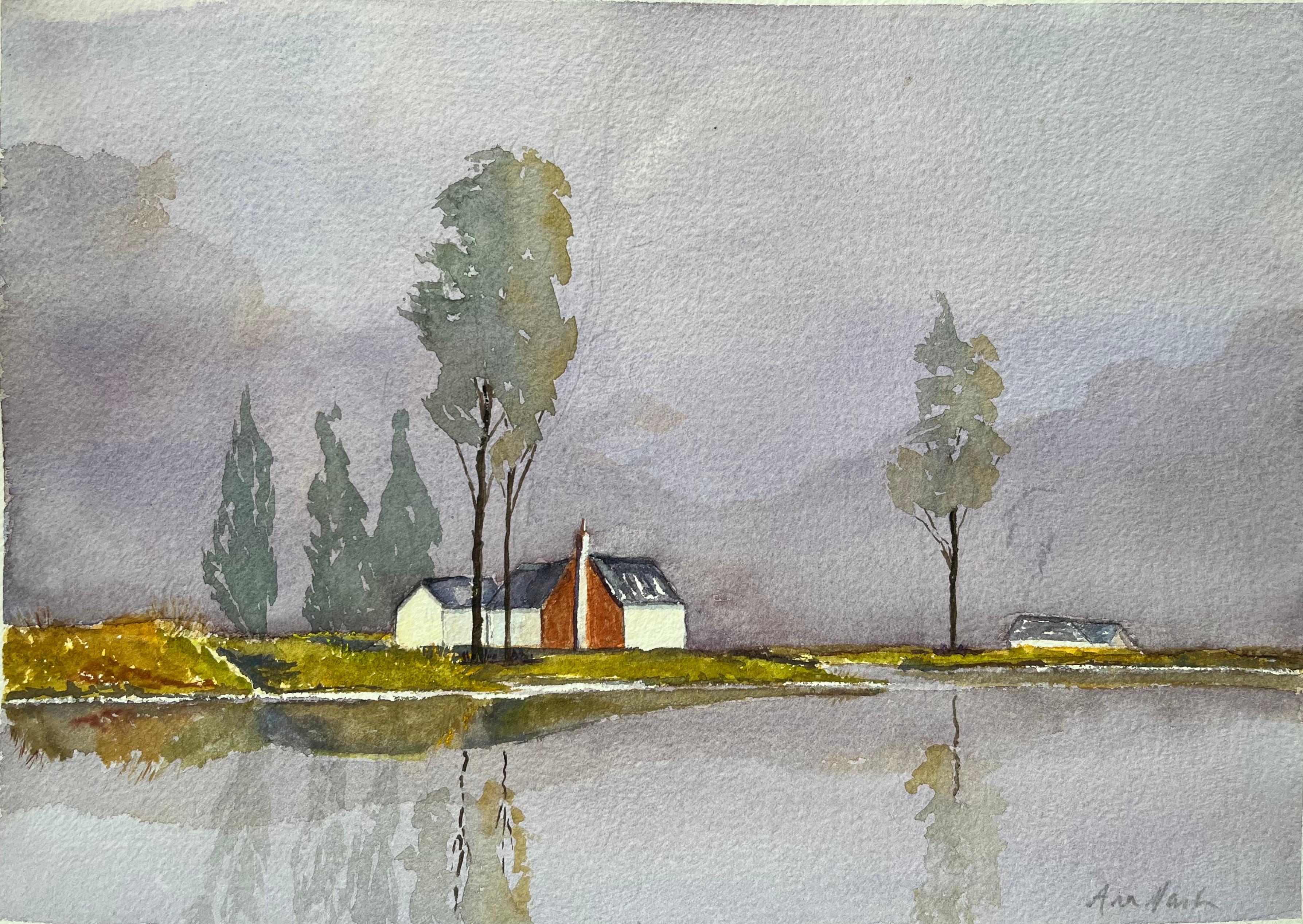 Atmosphärische Aquarell-Landschaft mit Haus und Bäumen, reflektiert in Wasser