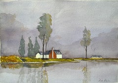 Paisaje atmosférico en acuarela con casa y árboles reflejados en el agua