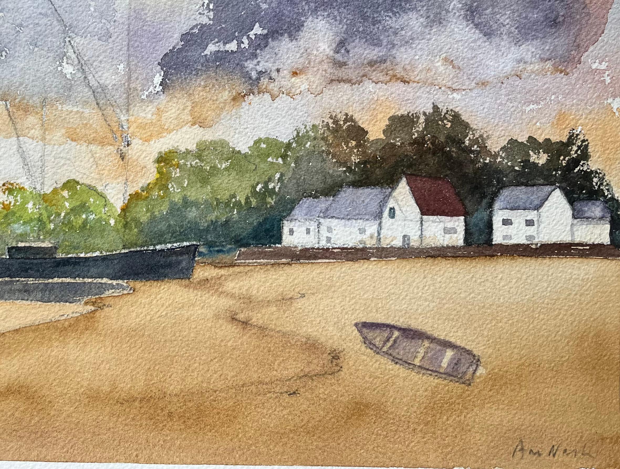 Küsten-Aquarellgemälde von Booten und weißen Häusern bei Sonnenuntergang (Impressionismus), Painting, von Ann Nash