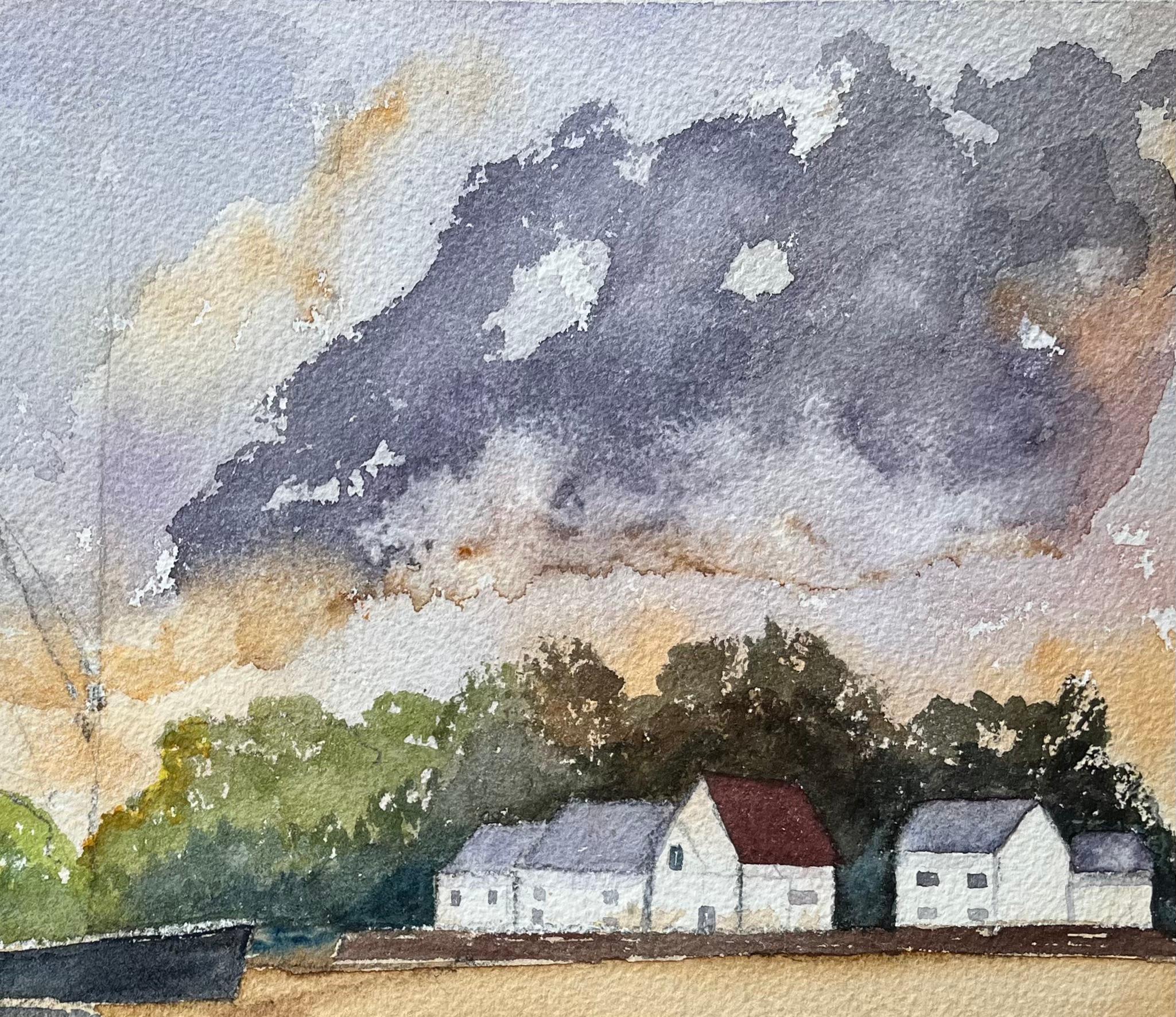 Küsten-Aquarellgemälde von Booten und weißen Häusern bei Sonnenuntergang (Weiß), Landscape Painting, von Ann Nash