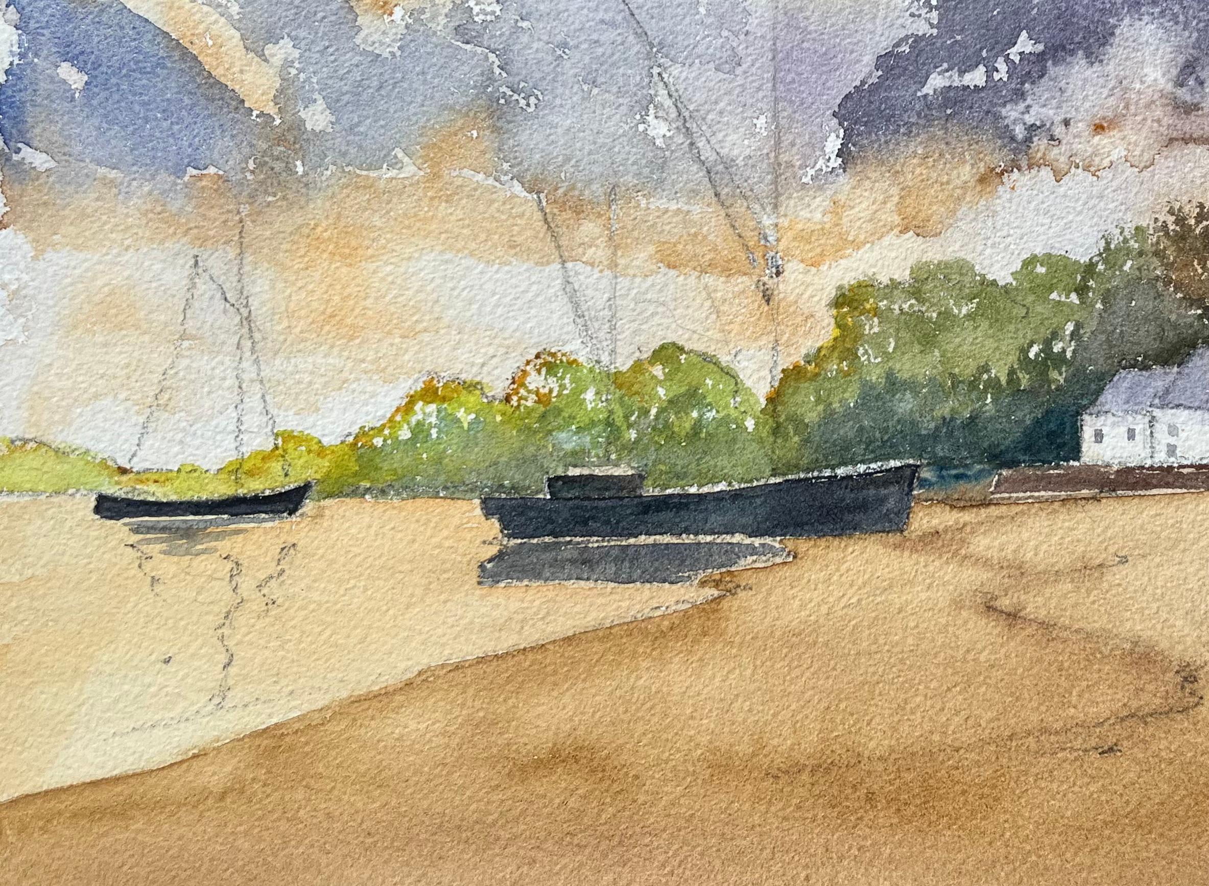 Titel: Küsten-Aquarellmalerei mit Booten und weißen Häusern bei Sonnenuntergang
Von Ann Nash
Original-Aquarell auf Künstlerpapier, ungerahmt
Unterschrieben: Ja
Abmessungen: 11 x 15,5 Zoll (Höhe x Breite)
Zustand: Gut, mit leichten