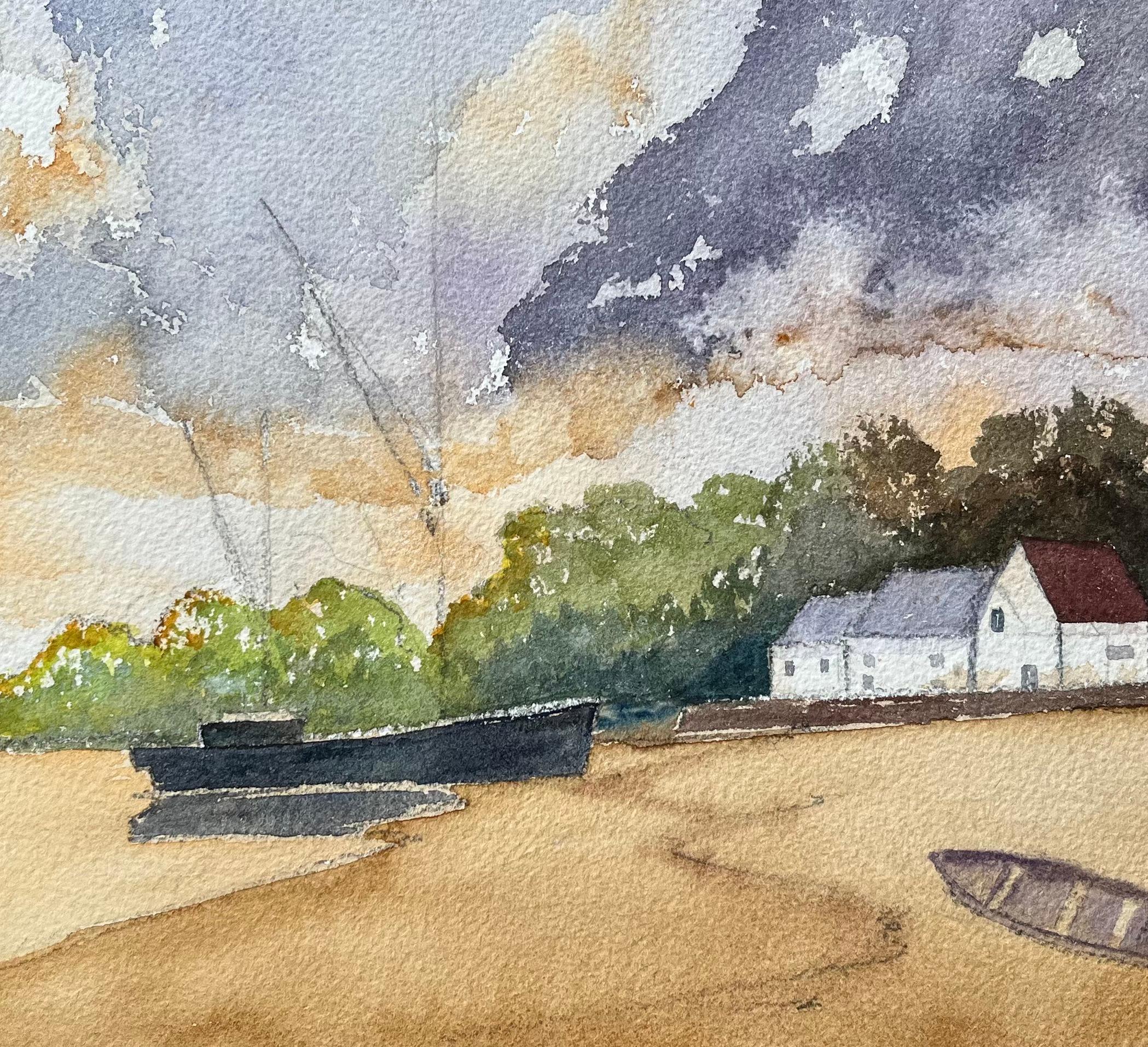 Küsten-Aquarellgemälde von Booten und weißen Häusern bei Sonnenuntergang im Angebot 2