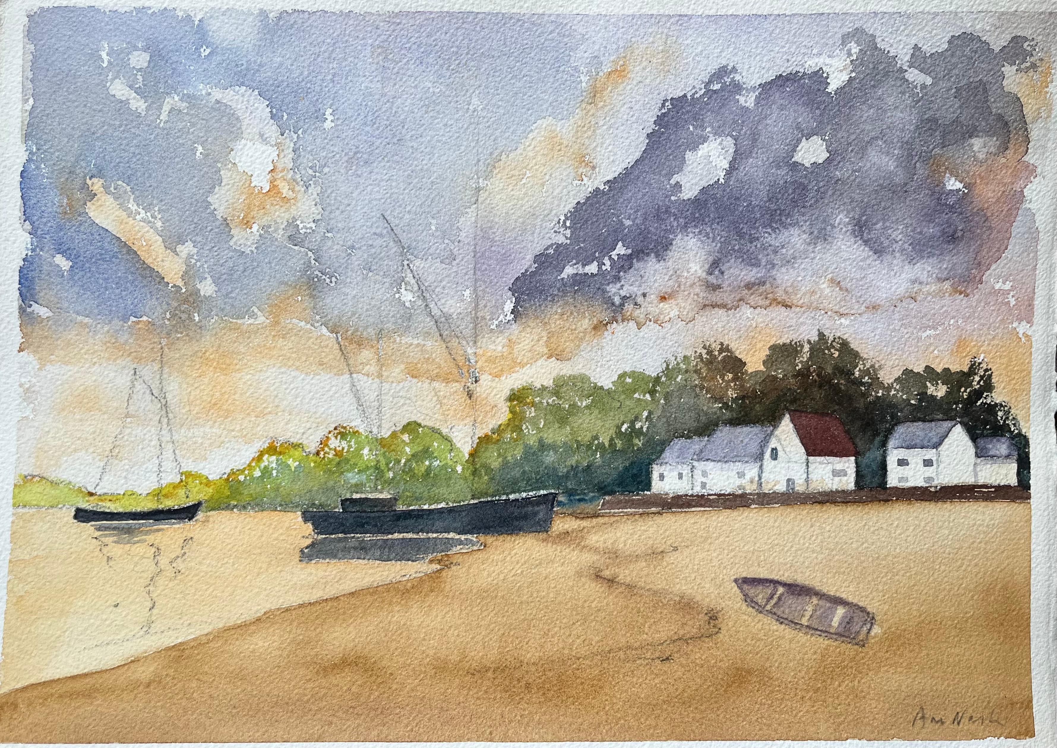 Coastal Watercolor Painting of Boats and White Cottages at Sunset