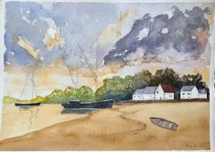 Coastal Watercolor Painting of Boats and White Cottages at Sunset