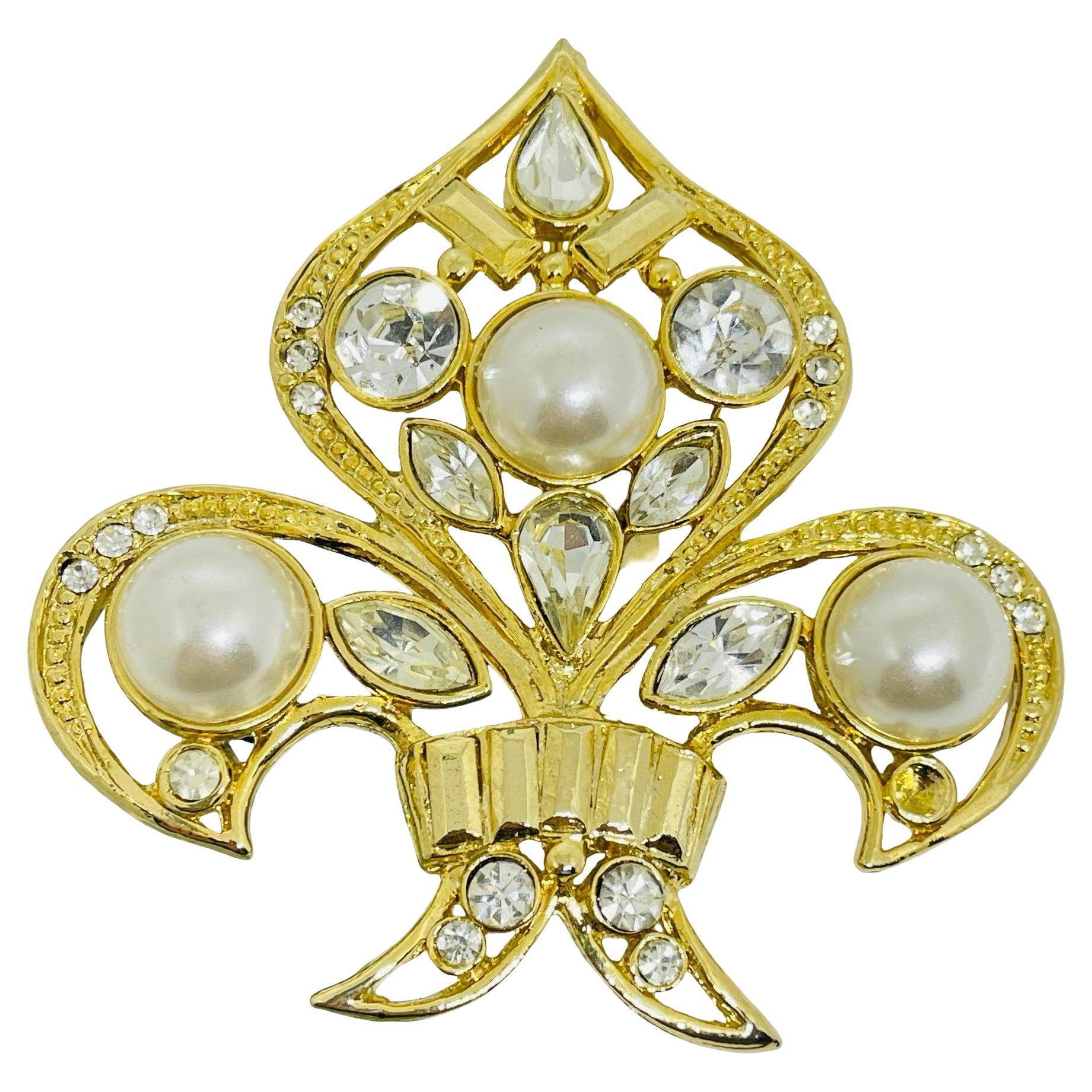 ANN PEERCE vintage gold tone pearls rhinestones fleur de lis designer brooch