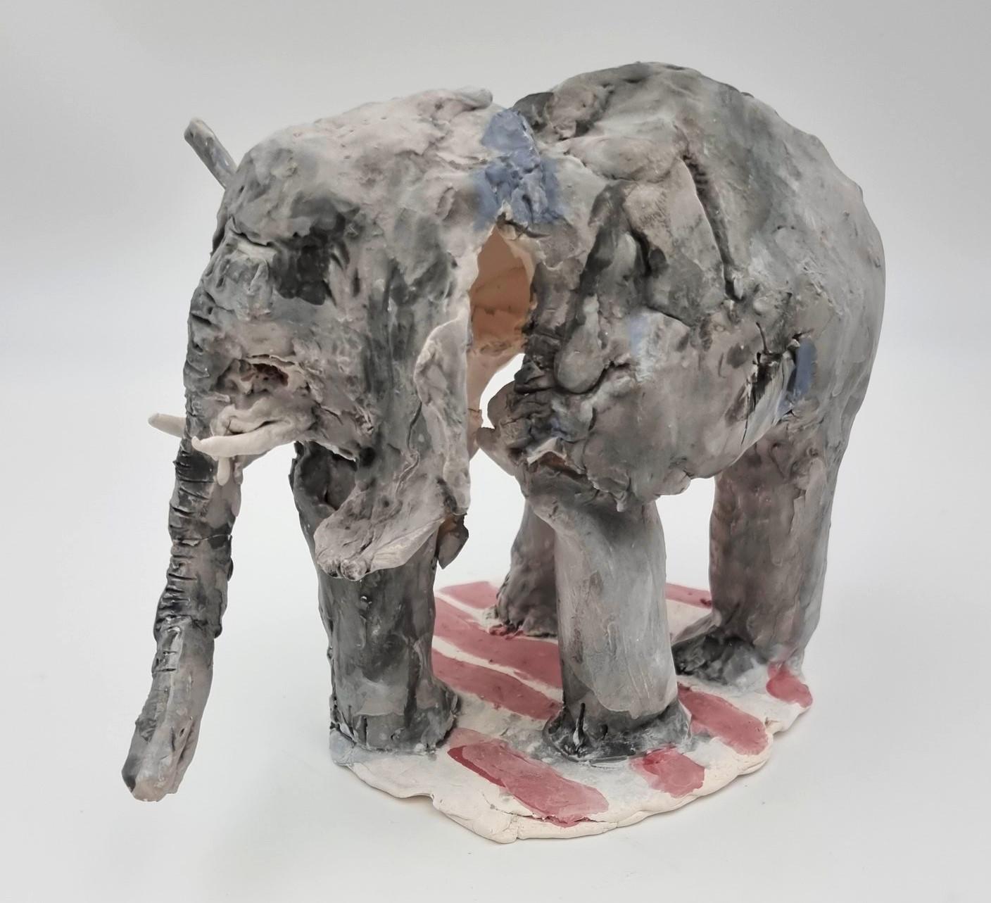 Ann Rothman
Elephant (Circus, Whimsical, Viola Frey, Delicate, Playful, Fun, Cirque du Soleil, The Ringling Bros., Barnum & Bailey)
2021
Porcelain, Low Fire Glazes, Crayons, Watercolors
Fired Cone 06, 04
7.25 x 5.5 x 10 inches
COA provided
Ref.: