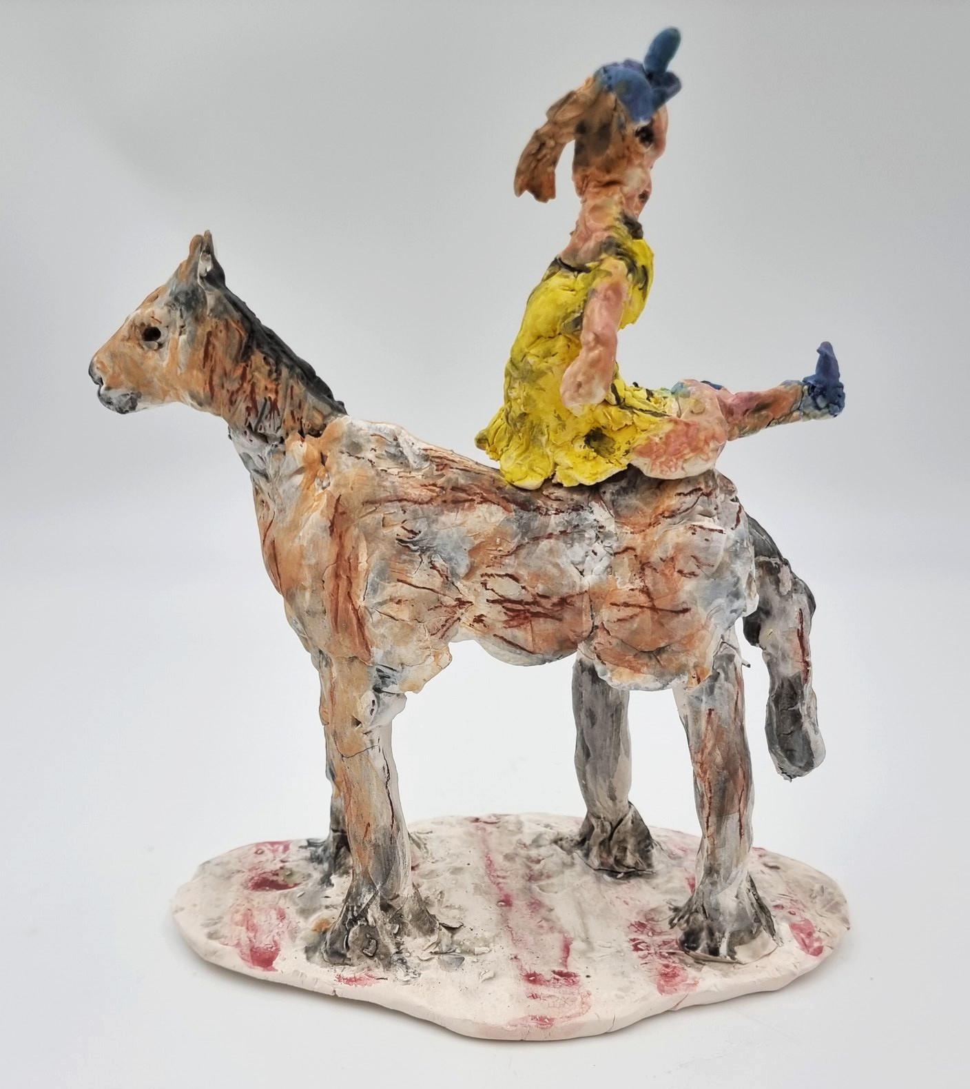 Ann Rothman Figurative Sculpture - Female Acrobat on Horseback (Circus, Whimsical, Viola Frey, Delicate, Playful)