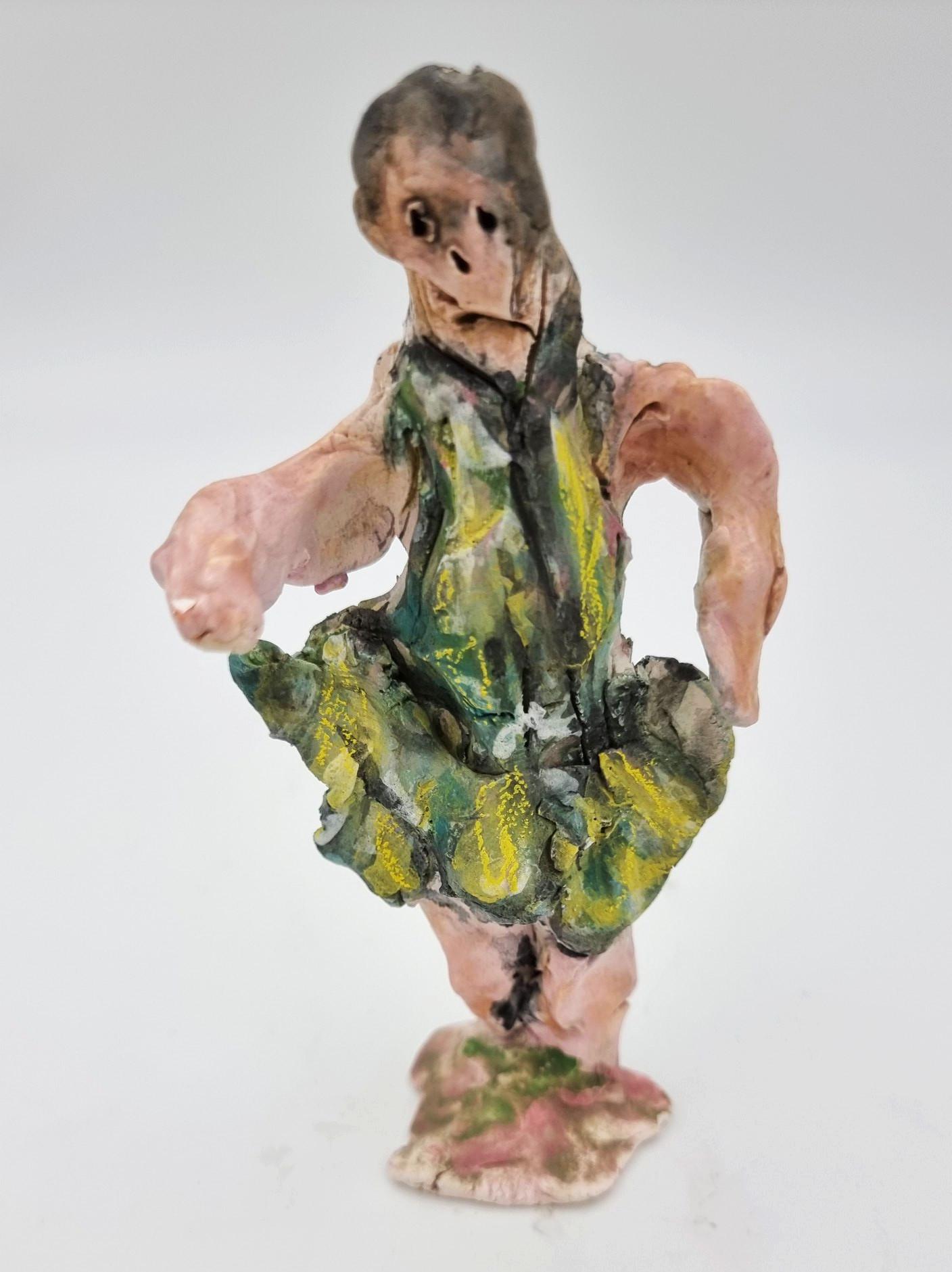 Ann Rothman Figurative Sculpture - Green Ballerina (Circus, Whimsical, Viola Frey, Delicate, Playful, Fun, Ringling