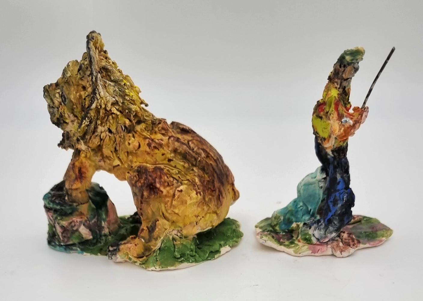 Ann Rothman
Lion and Lion Tamer (Circus, Whimsical, Viola Frey, Delicate, Playful, Fun, Cirque du Soleil, The Ringling Bros., Barnum & Bailey)
2021
Porcelain, Low Fire Glazes, Crayons, Watercolors
Fired Cone 06, 04
Lion: 5.5 x 3.5 x 6 inches
Lion