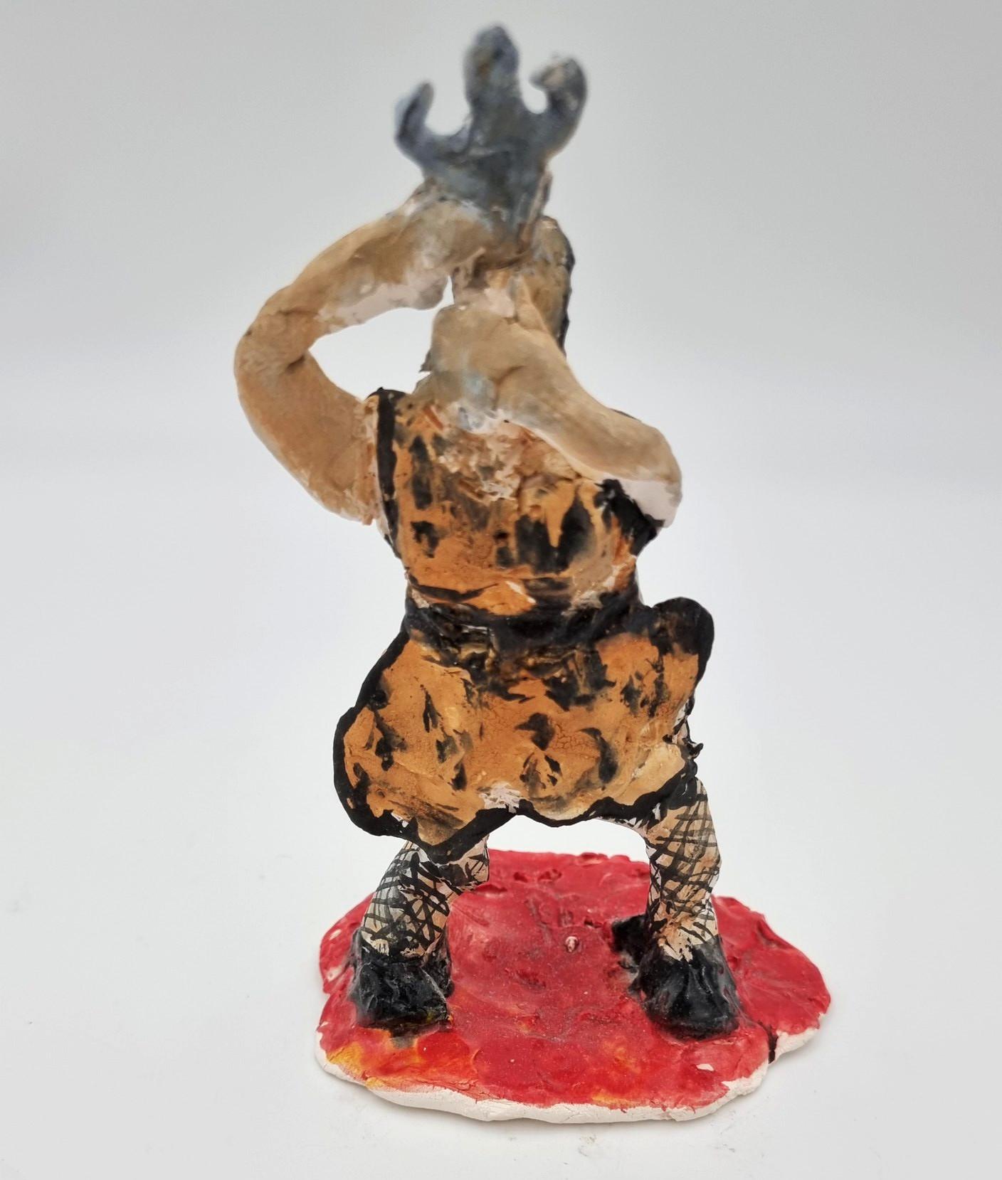 Ann Rothman Figurative Sculpture - Sword Swallower (Circus, Whimsical, Viola Frey, Delicate, Playful, Fun, Ringling