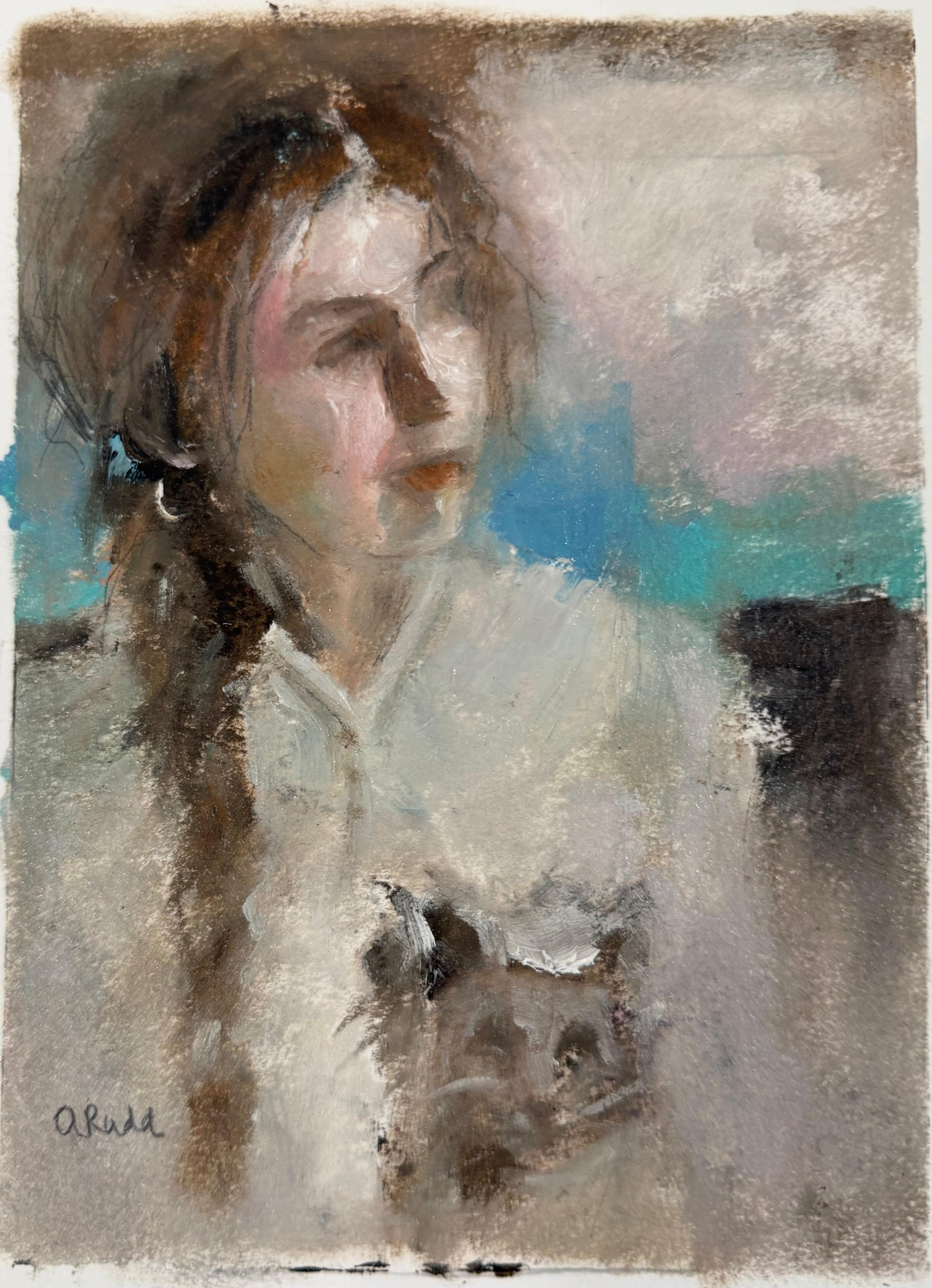Peinture à l'huile figurative contemporaine au style décontracté représentant un chat, par Ann Rudd