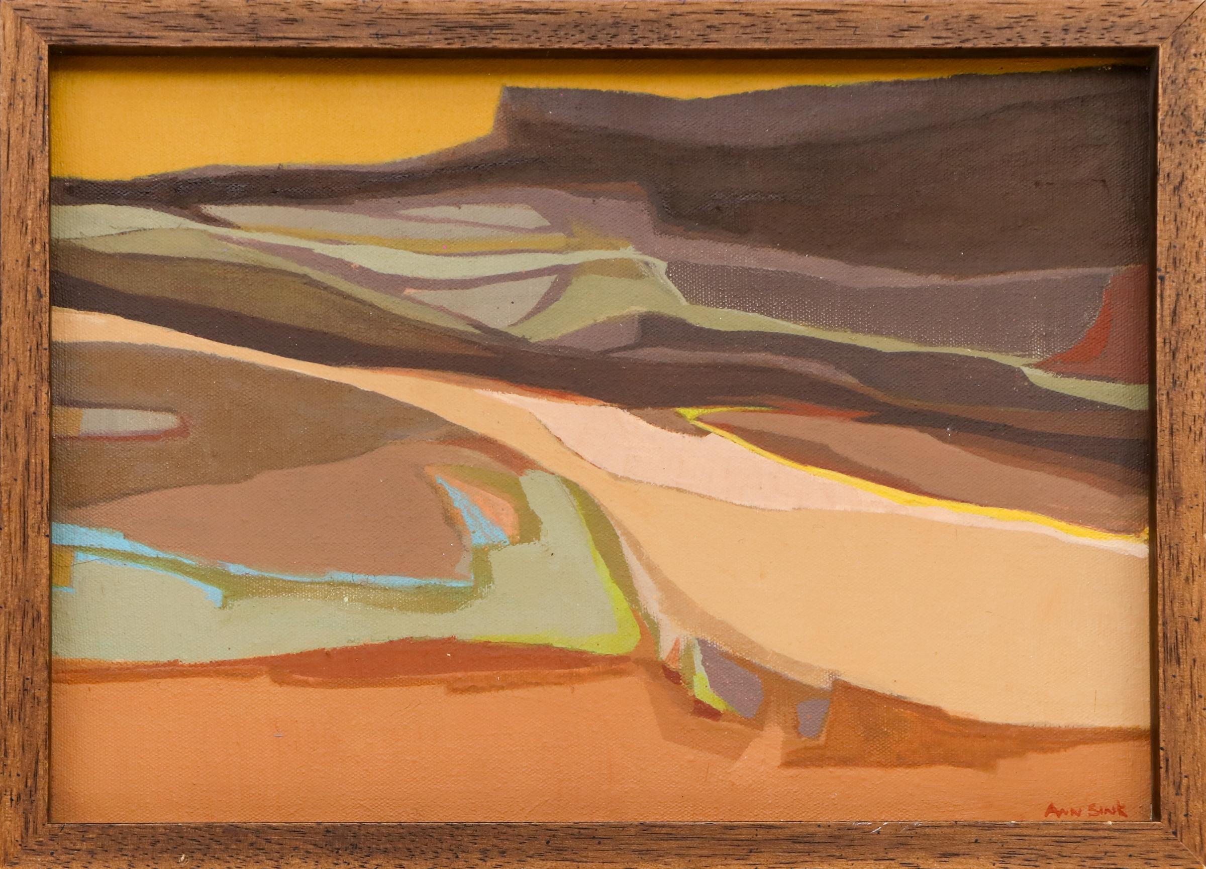 1960 Mid Century Modern Desert Landscape Acrylic Painting in Rich Earth Tones (Pittura acrilica di un paesaggio desertico di metà secolo) - Abstract Painting Marrone di Ann Sink