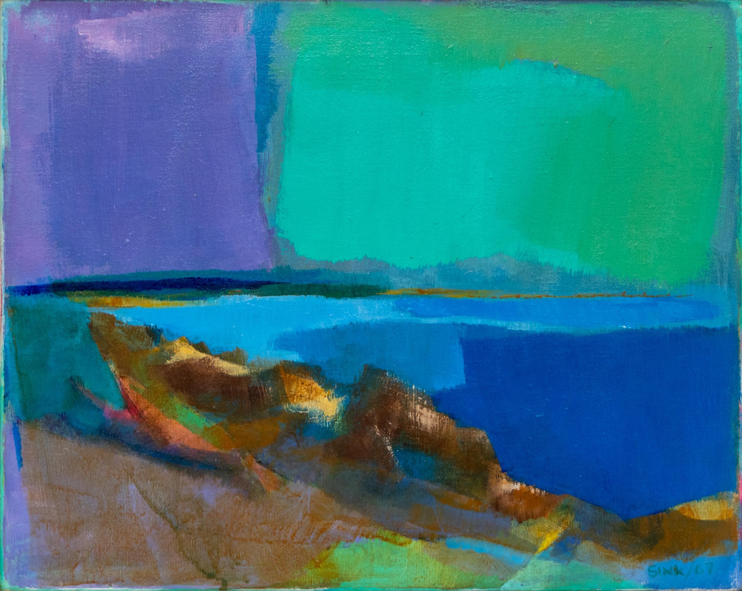 Rocky Shore - Pintura al óleo de paisaje marino abstracto de los años 60 en tonos verdes y azules vibrantes - Painting de Ann Sink
