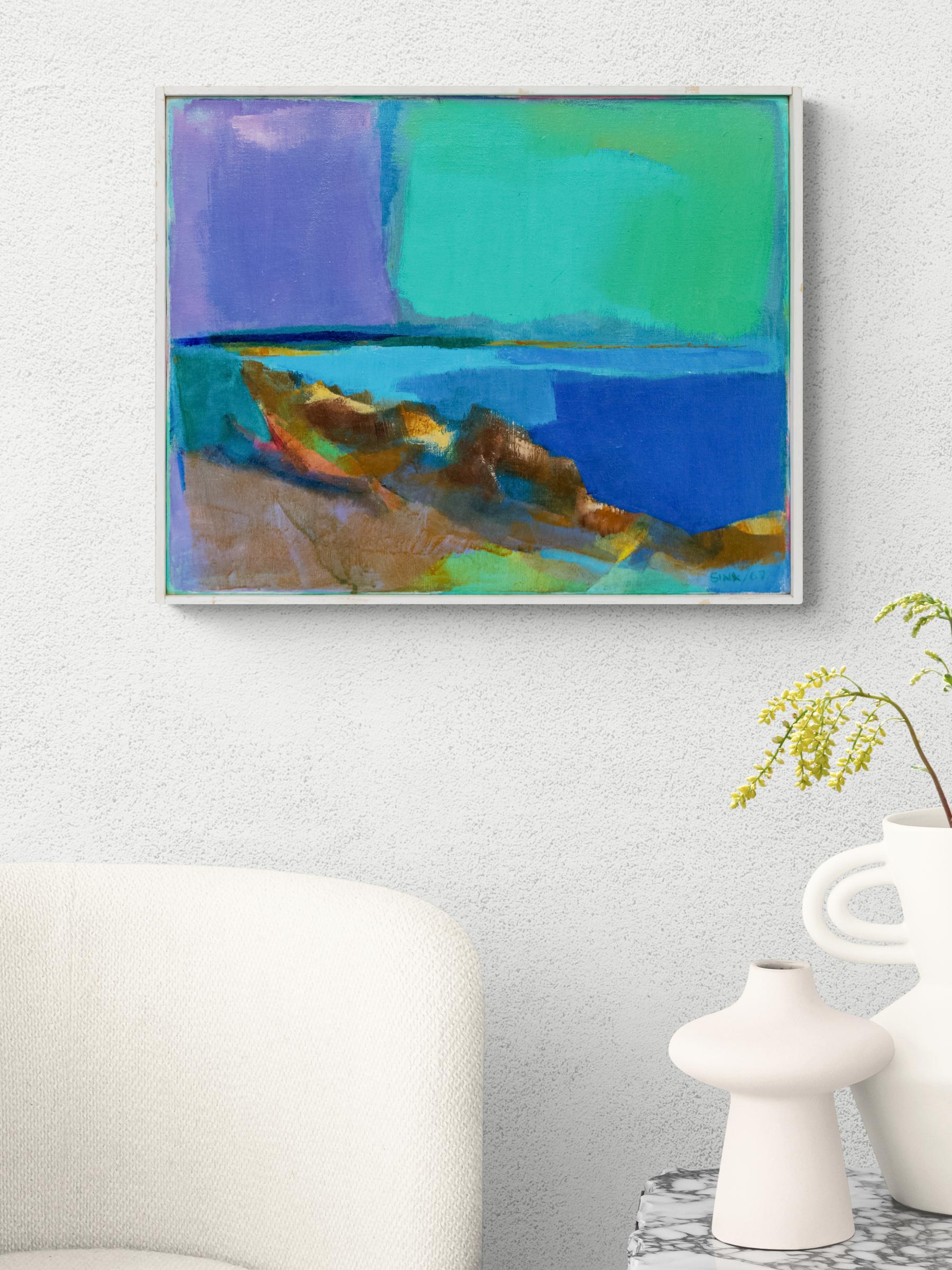 Rocky Shore – 1960s Abstract Seascape Oil Painting in Vibrant Green & Blue Tones For Sale 5