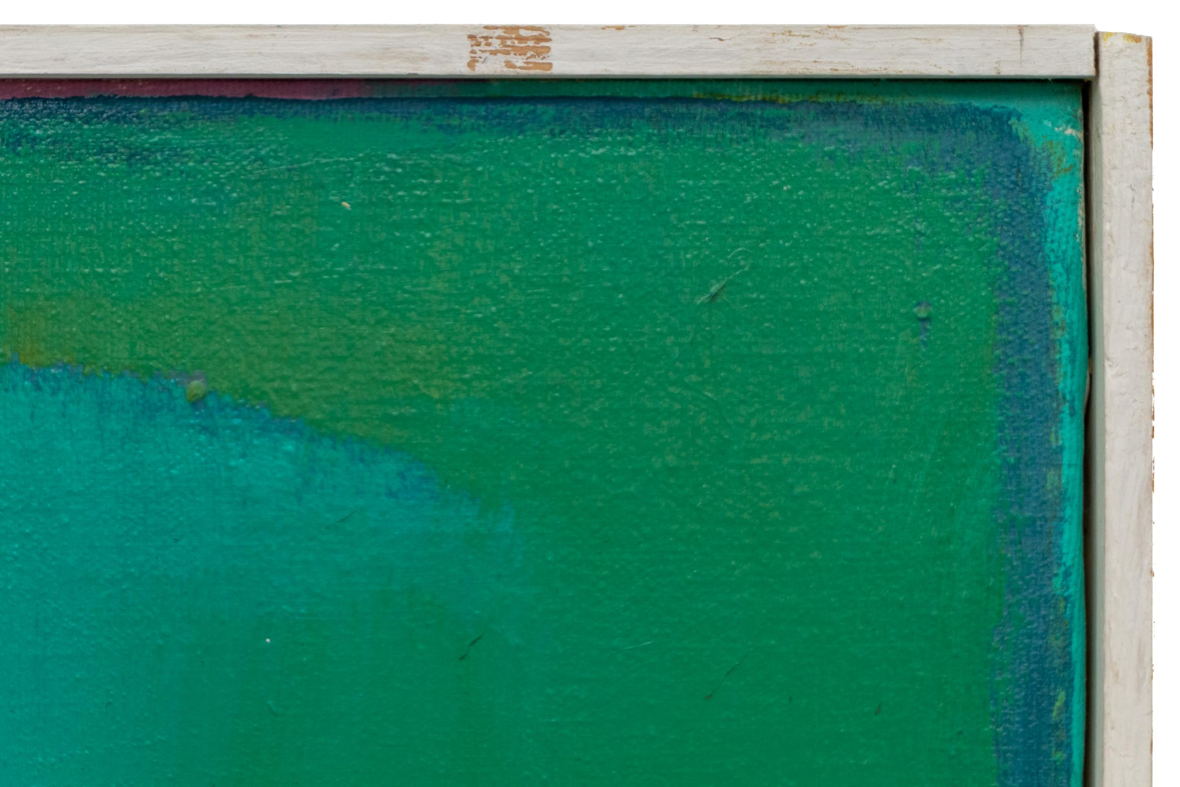 Rocky Shore – 1960s Abstract Seascape Oil Painting in Vibrant Green & Blue Tones For Sale 3