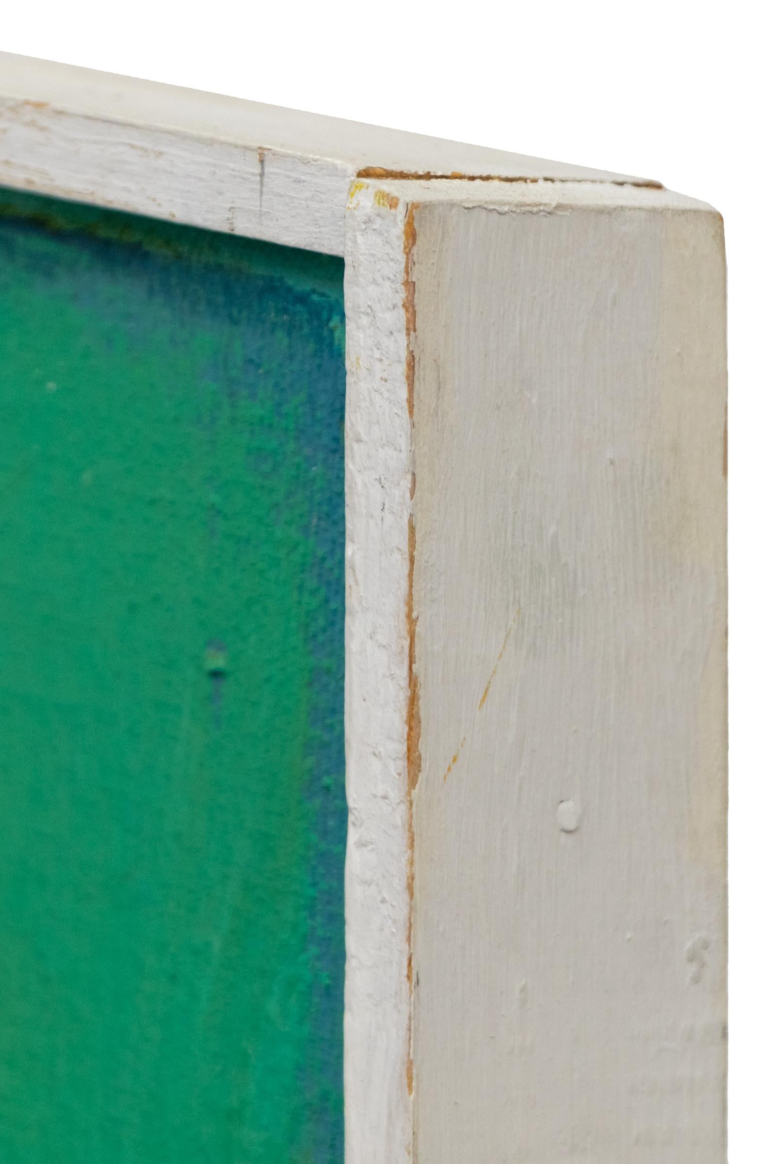 Rocky Shore – 1960s Abstract Seascape Oil Painting in Vibrant Green & Blue Tones For Sale 4