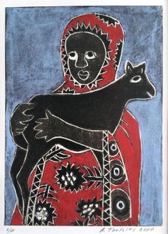 YOUNG SHEPHERDESS GIRL WITH GOAT Signed Color Print, 12 x 9 Archival Mat