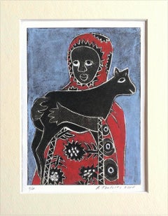 YOUNG SHEPHERDESS GIRL WITH GOAT Signed Color Print, 12 x 9 Archival Mat