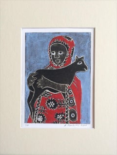 YOUNG SHEPHERDESS GIRL WITH GOAT Signed Color Print, 12 x 9 Mat