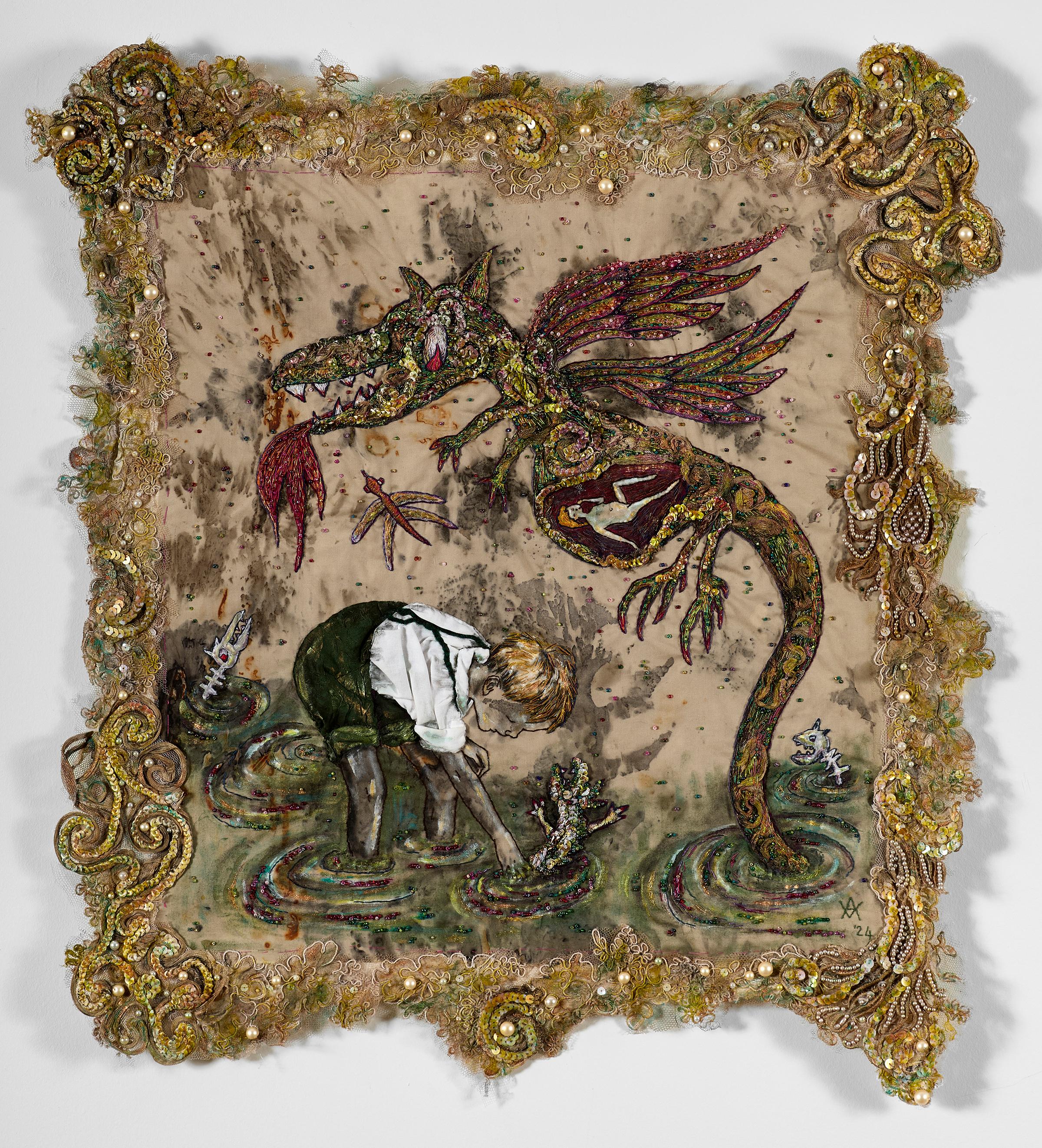 Colgante de pared textil: "¡Lo que un chico quiere!" - Mixed Media Art de Ann Vollum