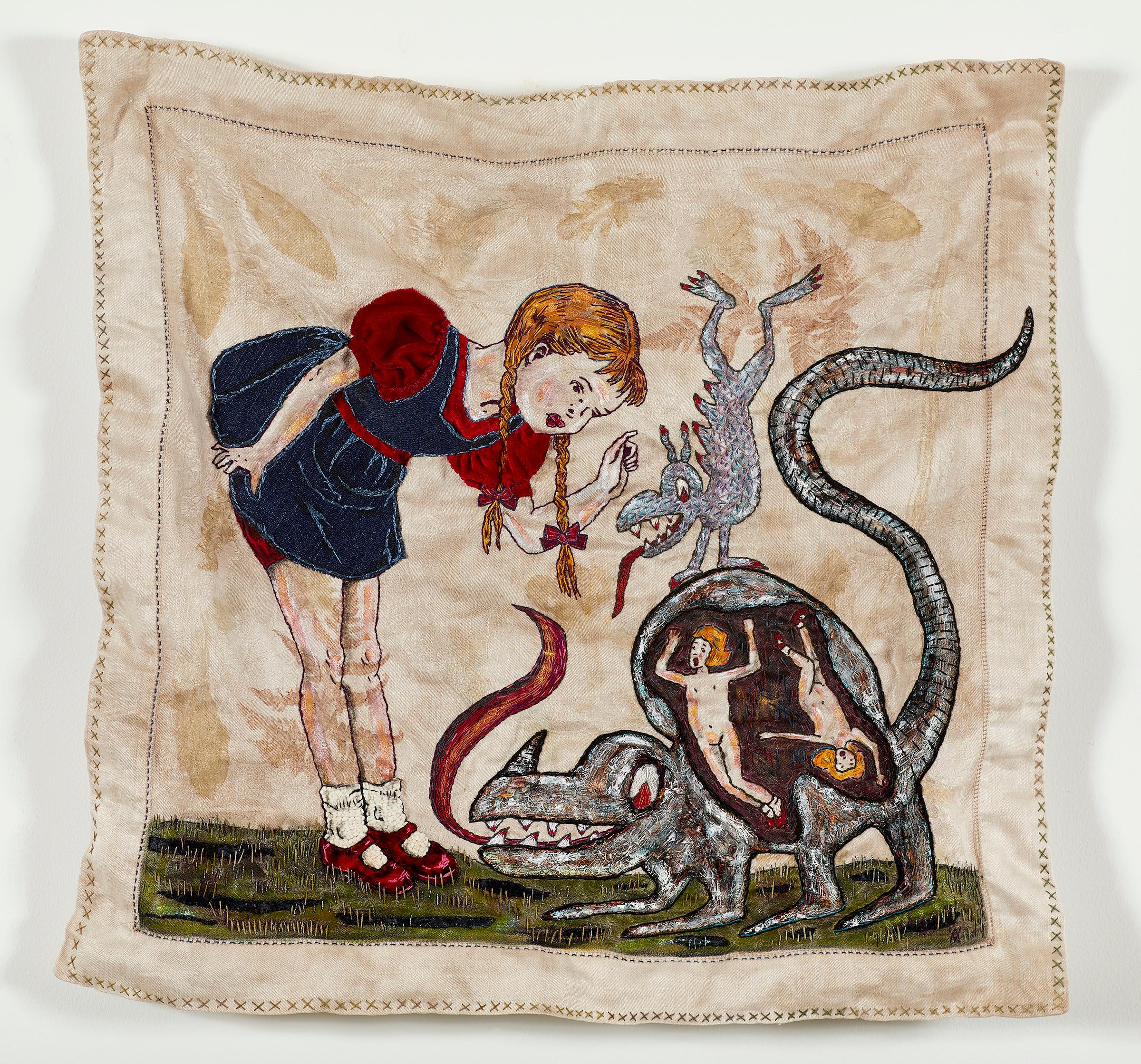 Ann Vollum Figurative Painting - Fiber, Mixed Media, Hand Stitched: 'Girls Know Best!'