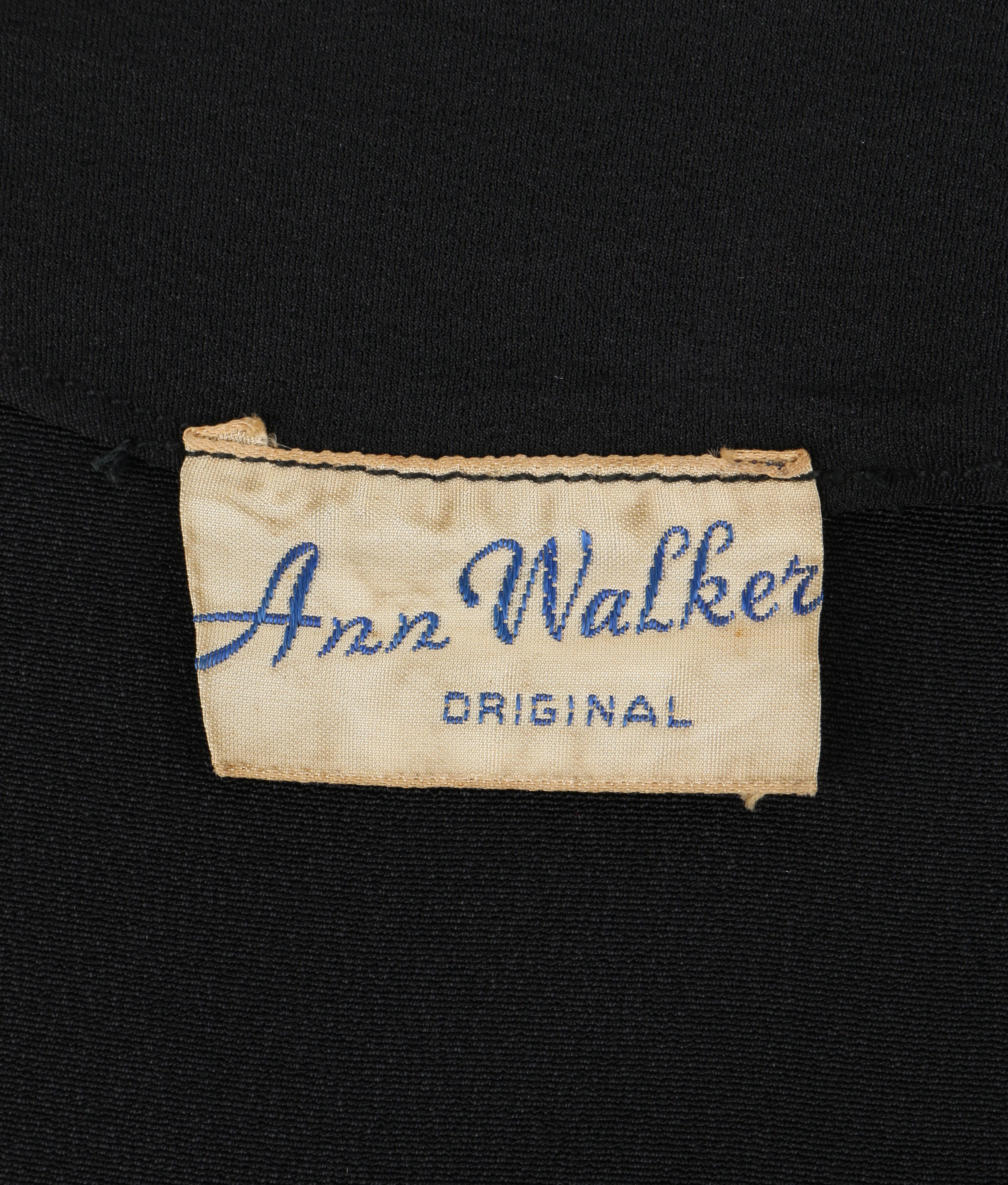 ANN WALKER c.1940’s Black Crepe Ruched Bow Peplum Short Sleeve Afternoon Dress In Good Condition In Thiensville, WI