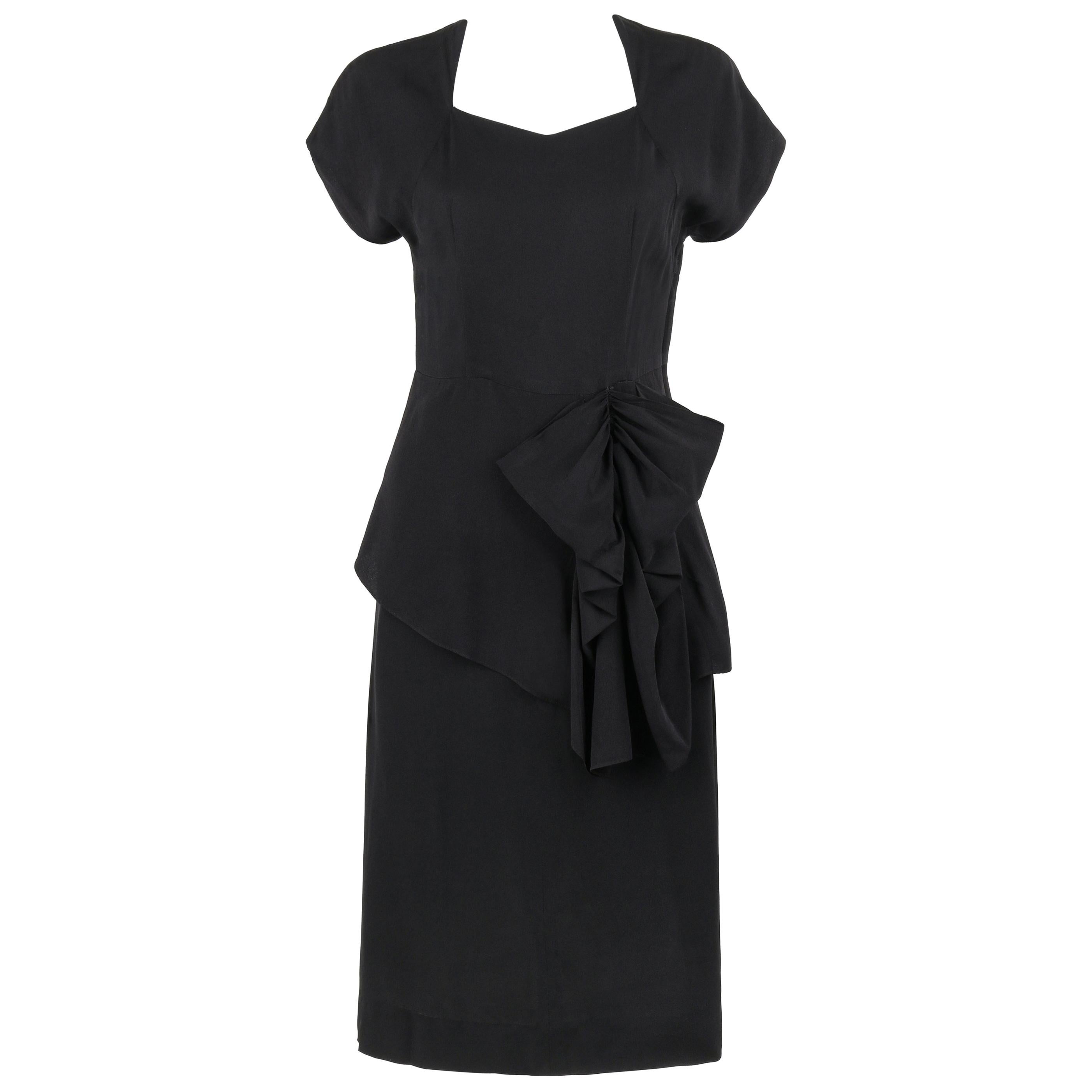ANN WALKER c.1940’s Black Crepe Ruched Bow Peplum Short Sleeve Afternoon Dress
