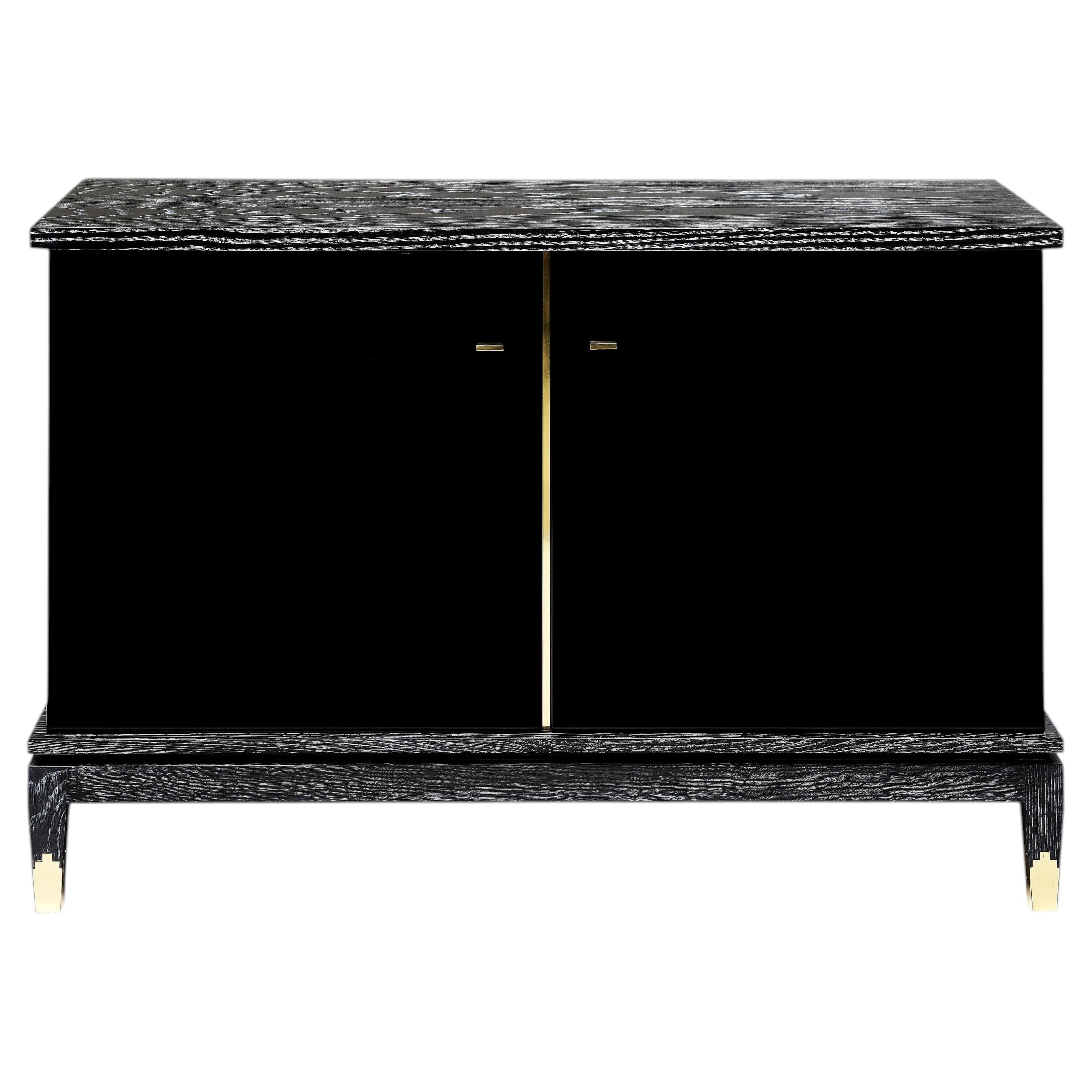 Anna 2 doors Cabinet, in Black Limed Oak with brass details feet by Duistt