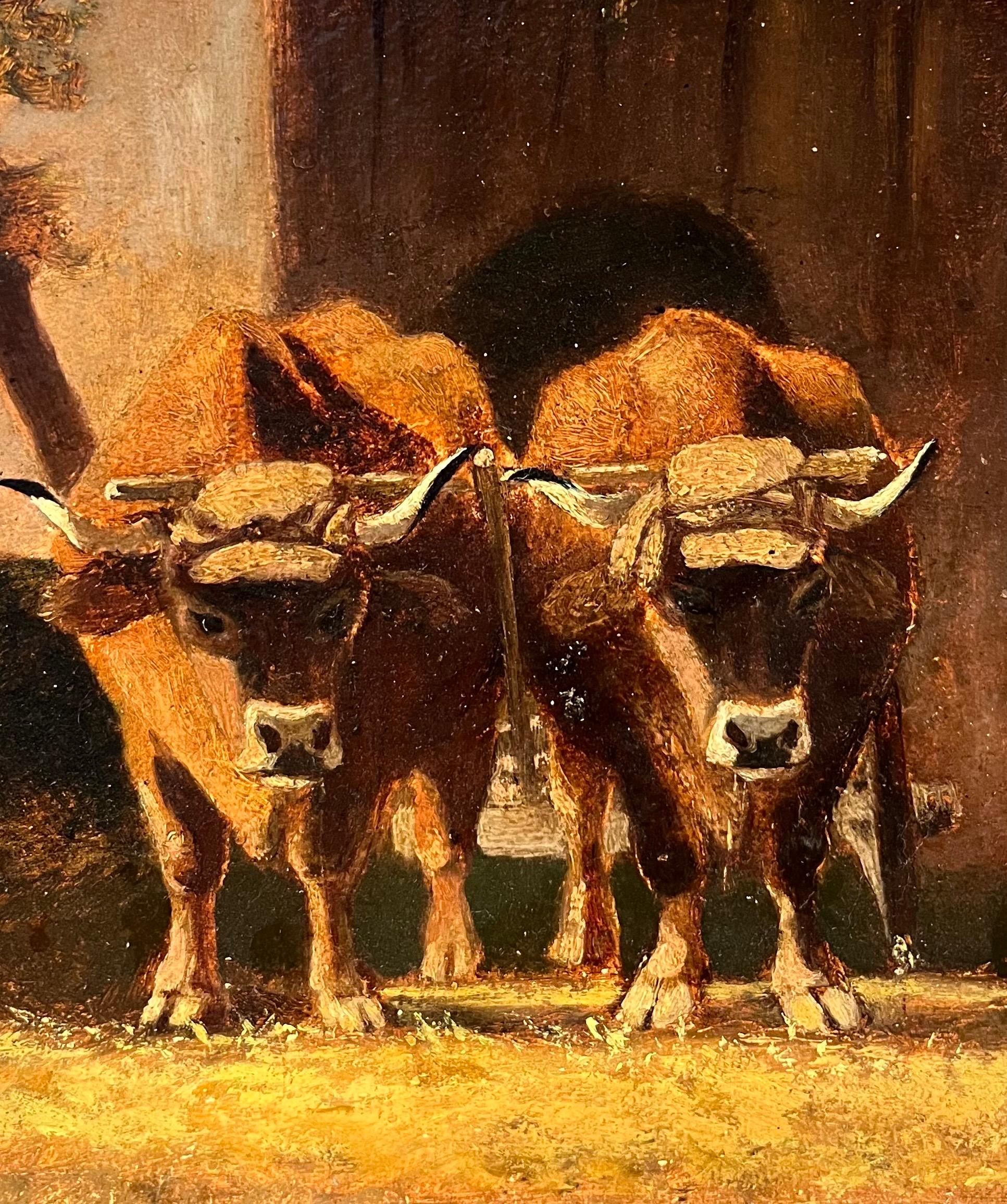 Oxen par Anna Abys-Lotz - Huile sur toile/Board - 43x30 cm - Marron Landscape Painting par Anna ABYS-LOTZ