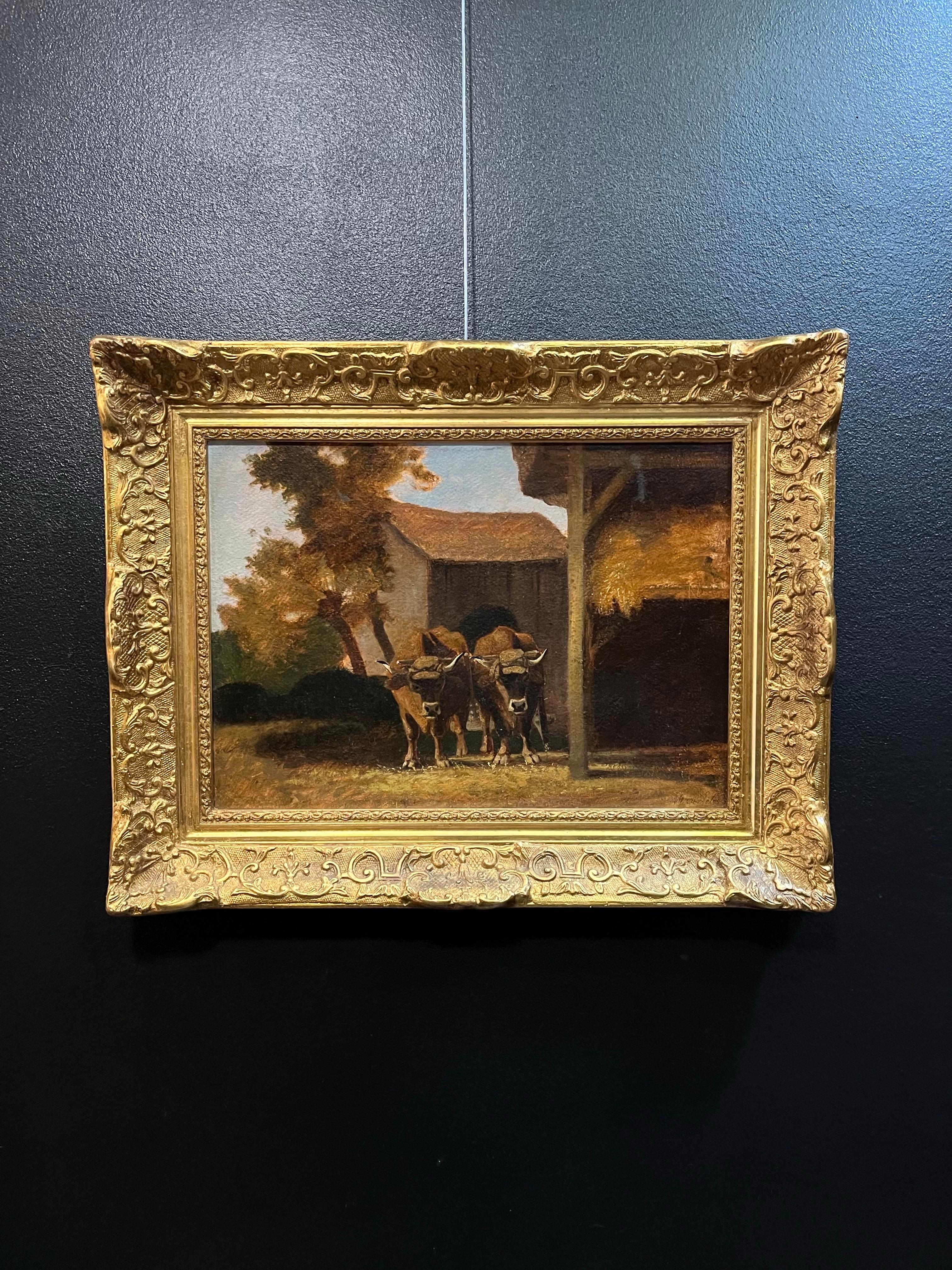 Oxen par Anna Abys-Lotz - Huile sur toile/Board - 43x30 cm en vente 1