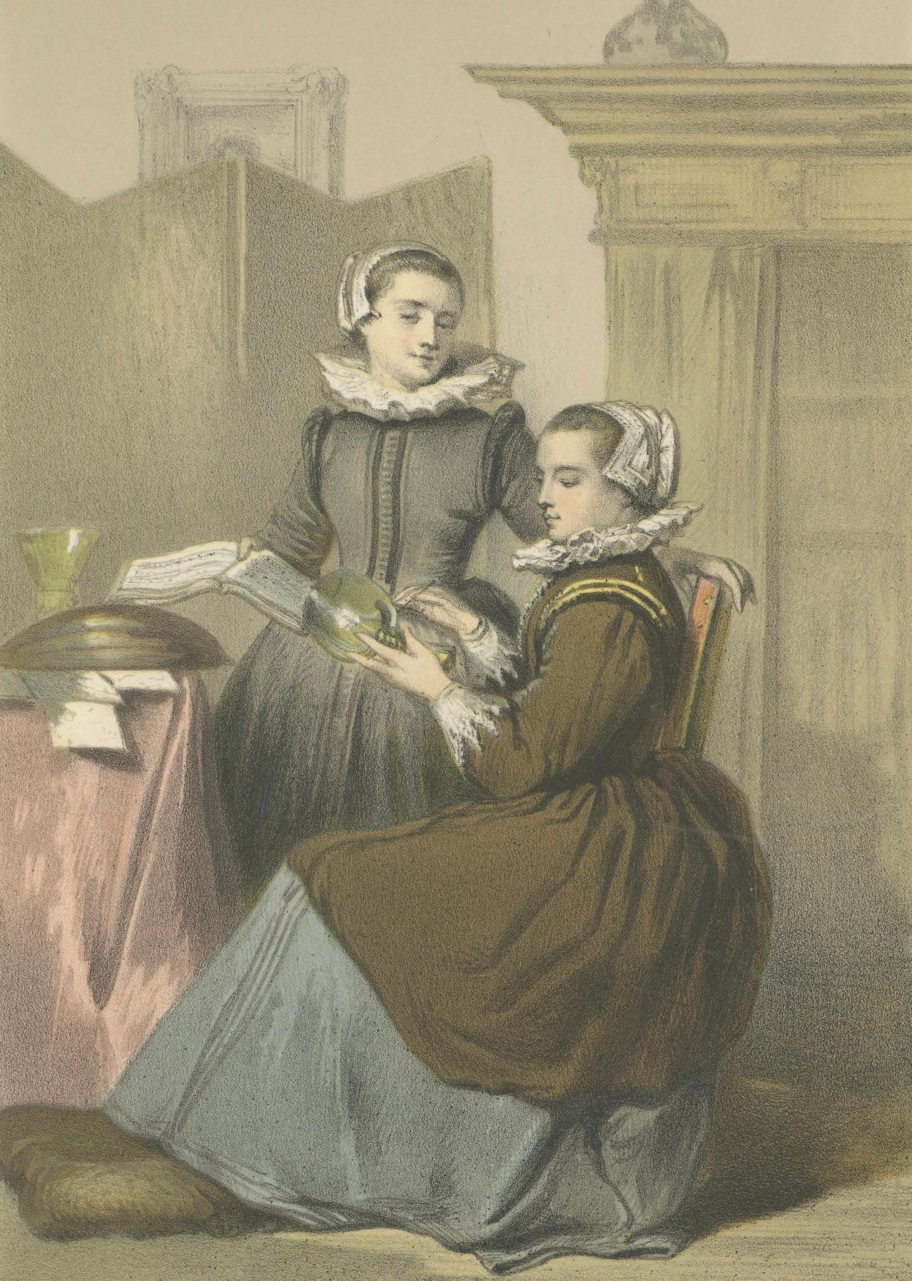 Anna and Maria Tesselschade Visscher – 19th-Century Hand-Colored Lithograph

This 19th-century hand-colored lithograph presents a refined interior scene featuring Anna and Maria Tesselschade Visscher, two accomplished sisters from the Dutch Golden